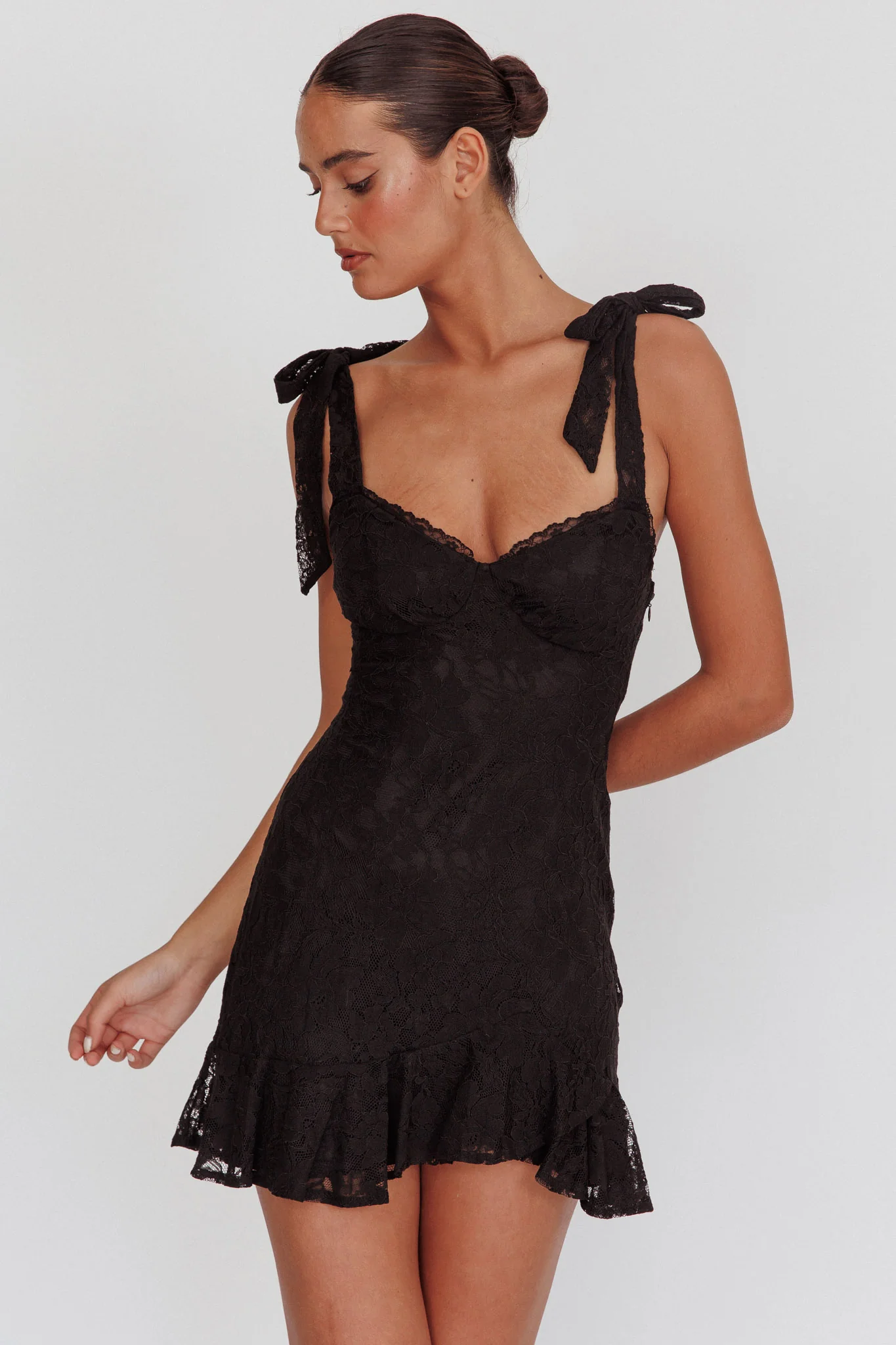 Emine Bow Shoulder Lace Mini Dress Black - Sonourner