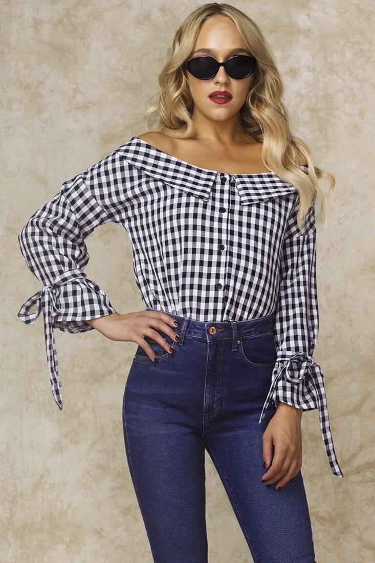 Clarke Off the Shoulder Checkered Dress Shirt Navy - Sonourner