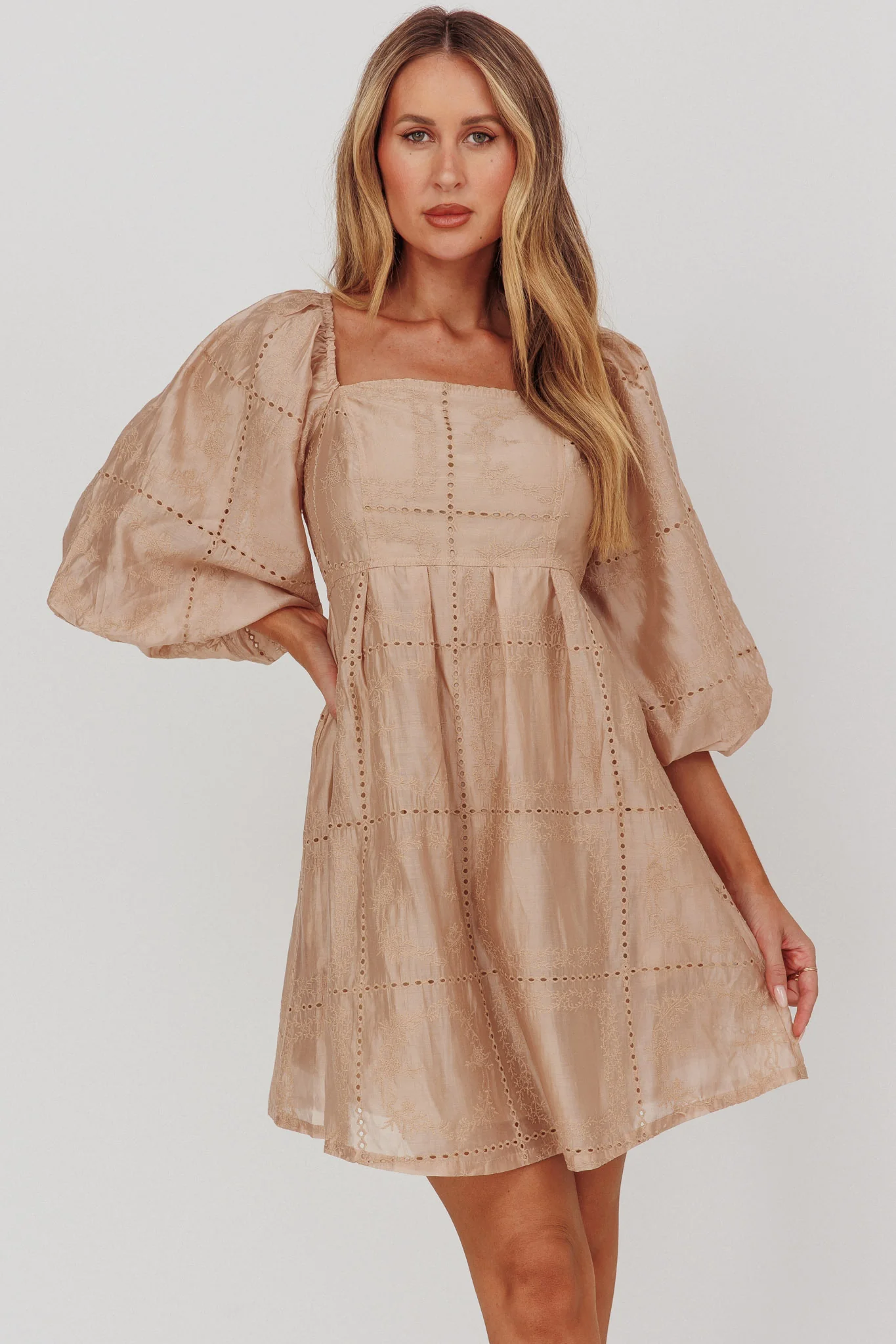 Summerlin Puff Sleeve Eyelet Mini Dress Beige - Sonourner