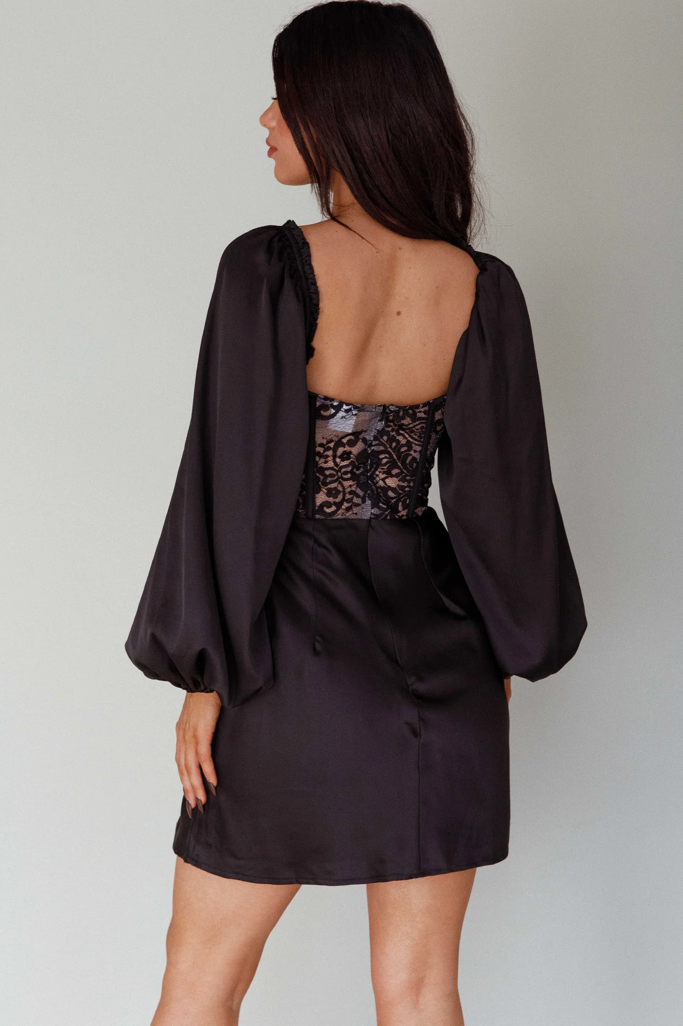 Trophy Long Sleeve Lace Bodice Mini Dress Black - Sonourner