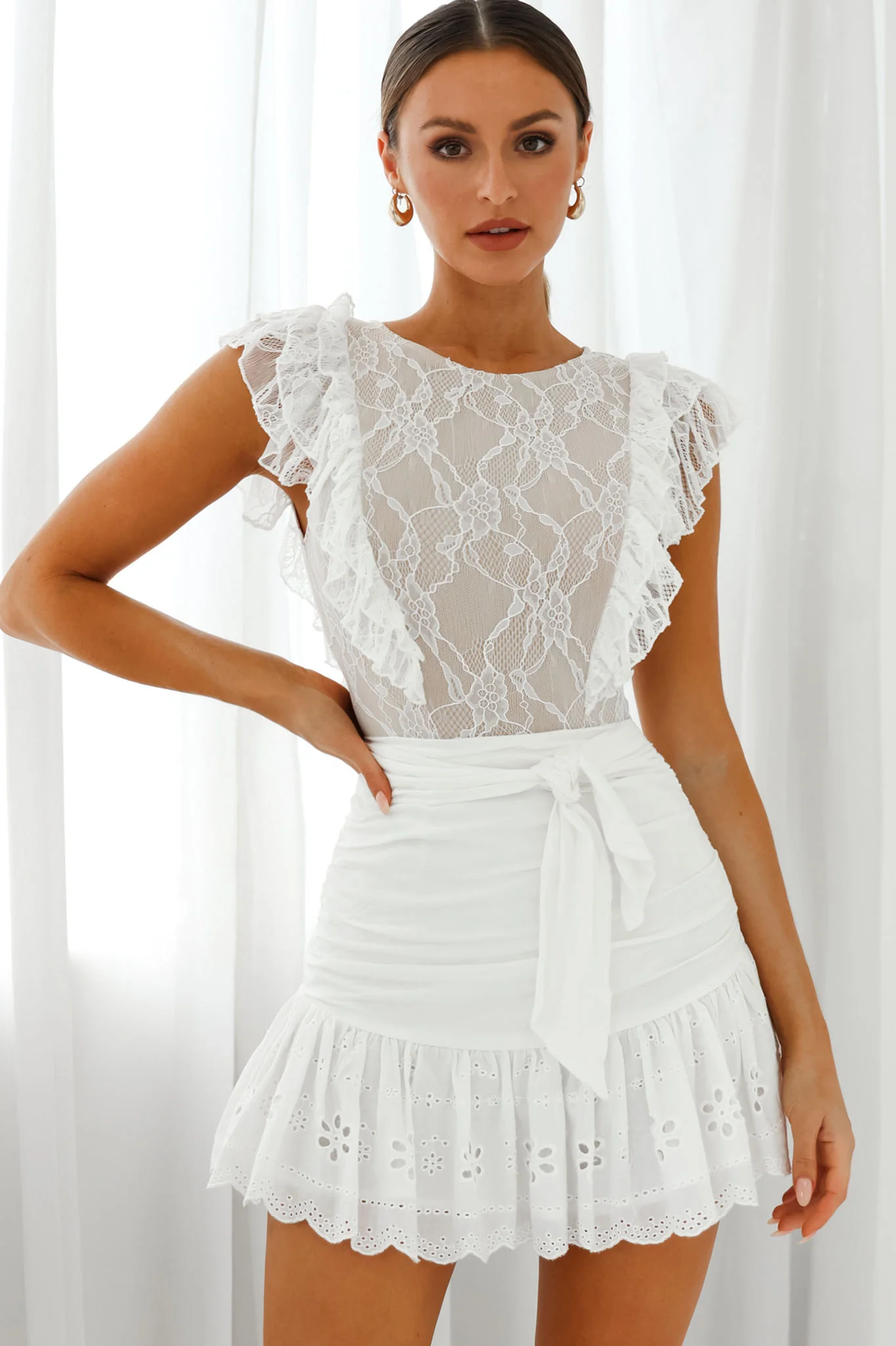 Spring Fling Frill Trim Lace Bodysuit White - Sonourner