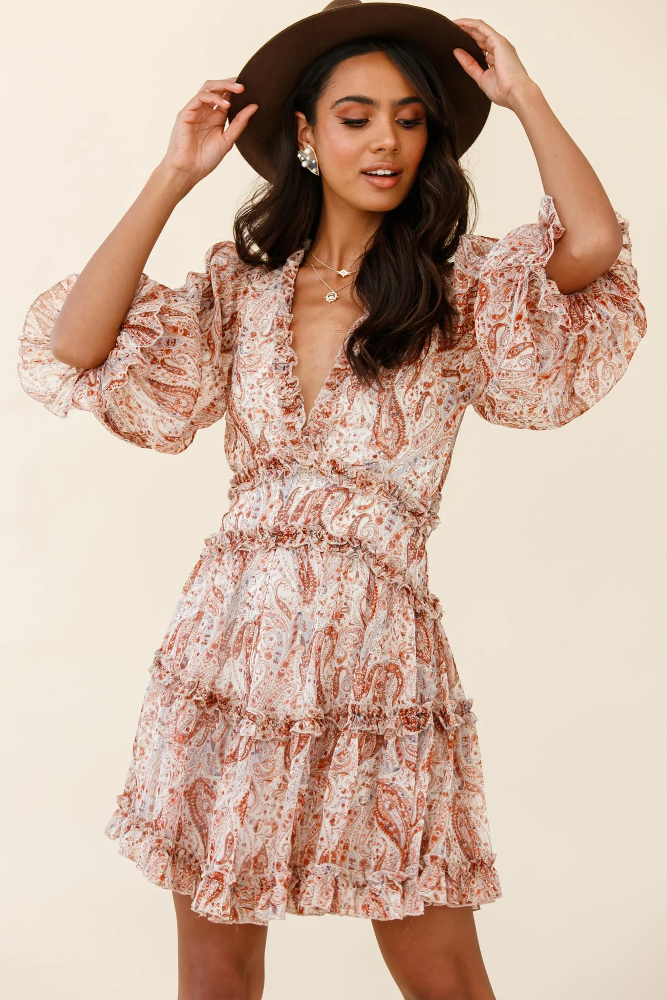 Laney Cutout Back Ruffle Trim Dress Paisley Print Rust - Sonourner
