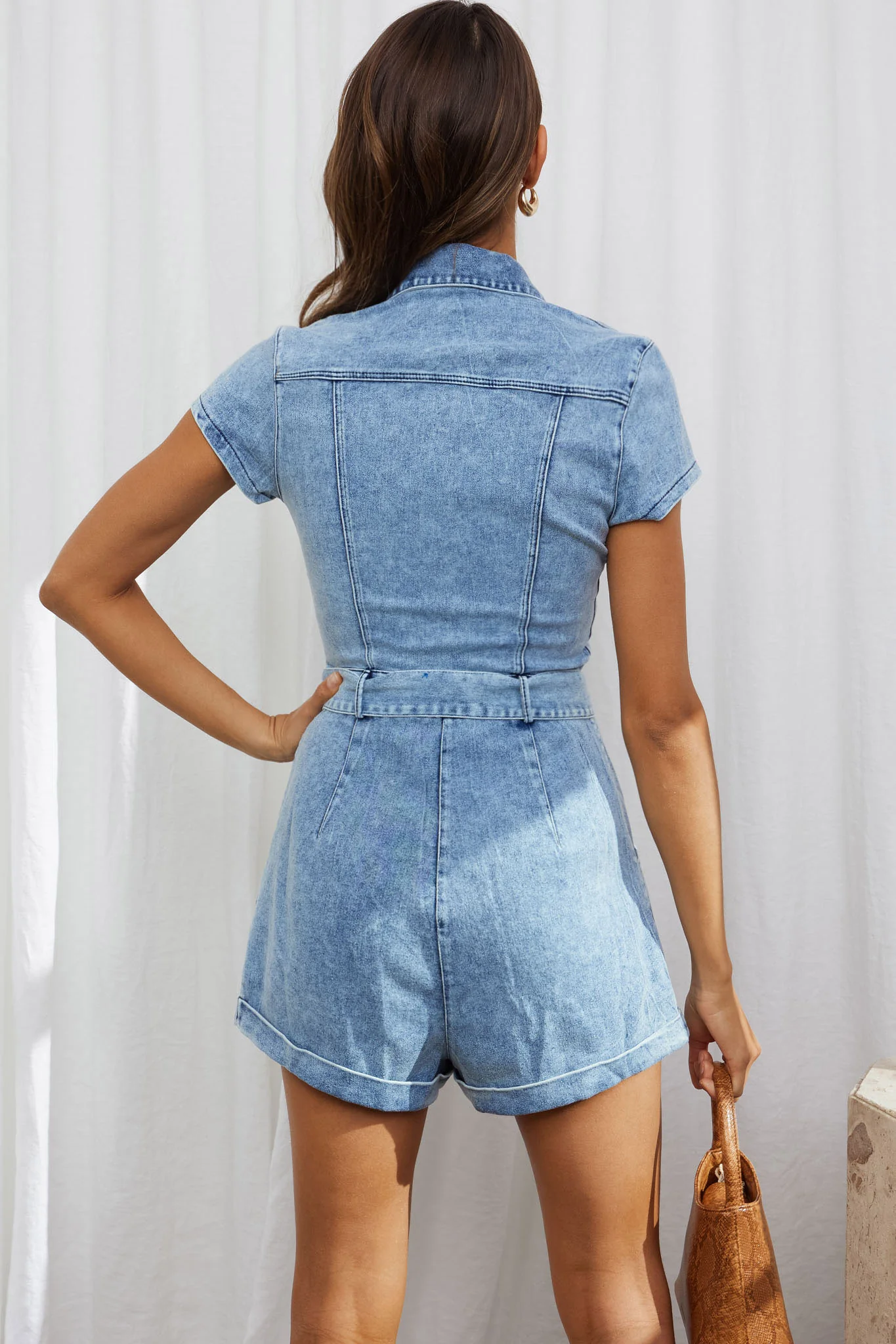 California Girl Short Sleeve Waist Tie Romper Denim Blue - Sonourner