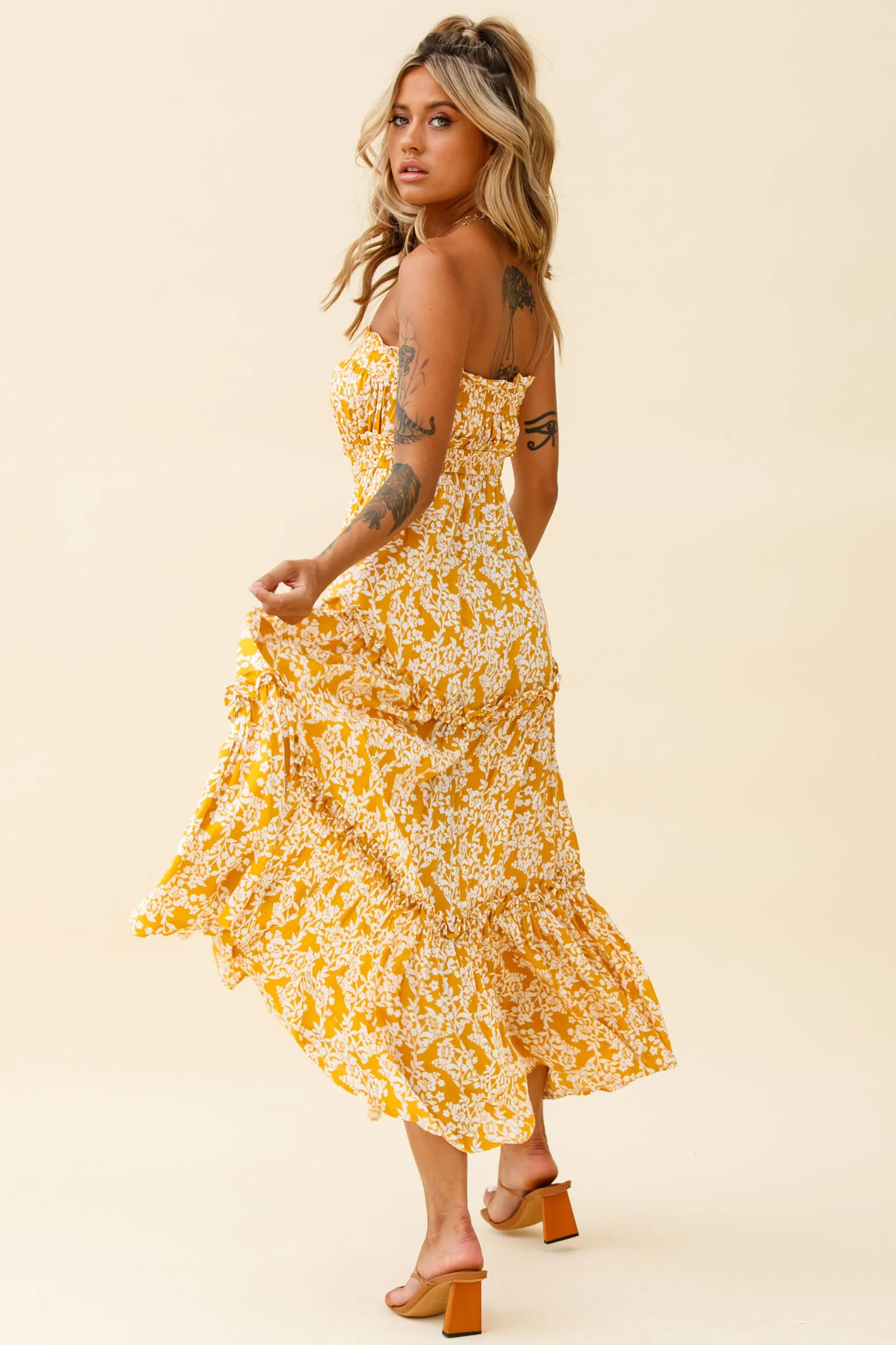 Take Me Away Strapless Maxi Dress Floral Print Mustard - Sonourner