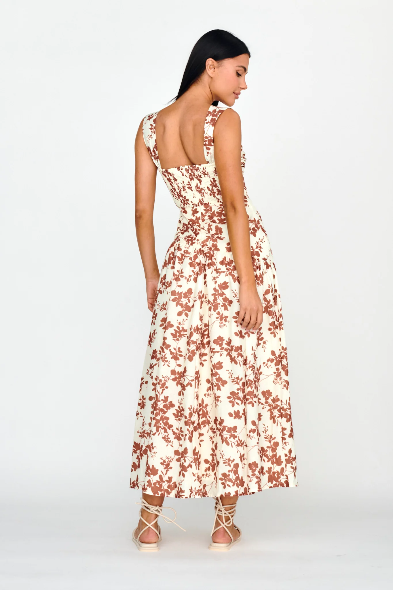 Nichola Ruched Bust Midi Dress Floral Brown - Sonourner