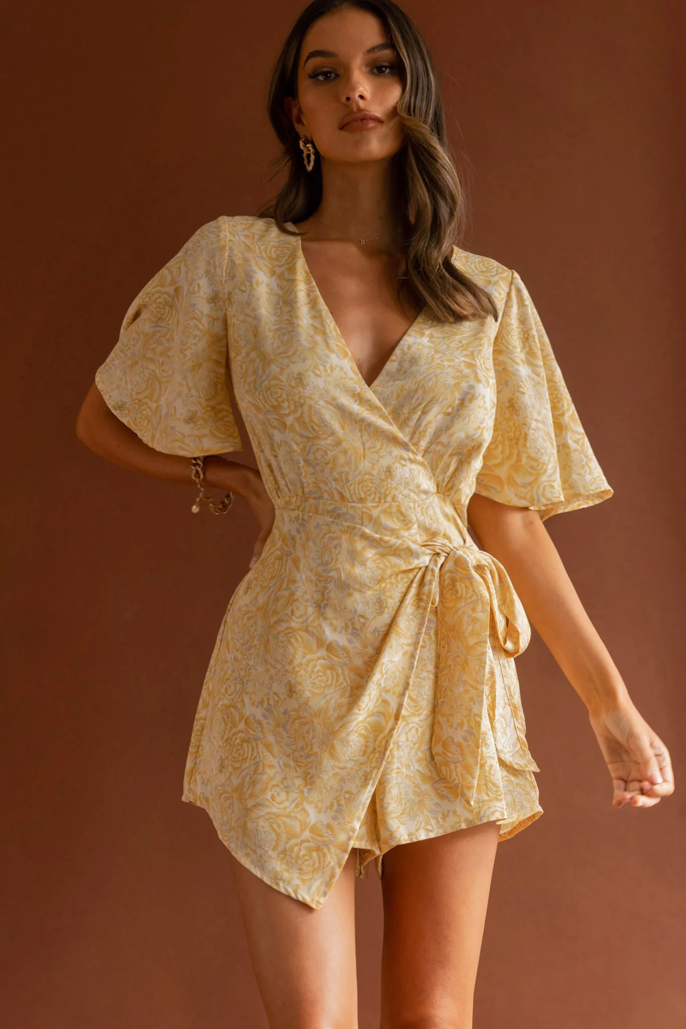 Nadi V-Neckline Wrap Romper Rose Flower Print Yellow - Sonourner
