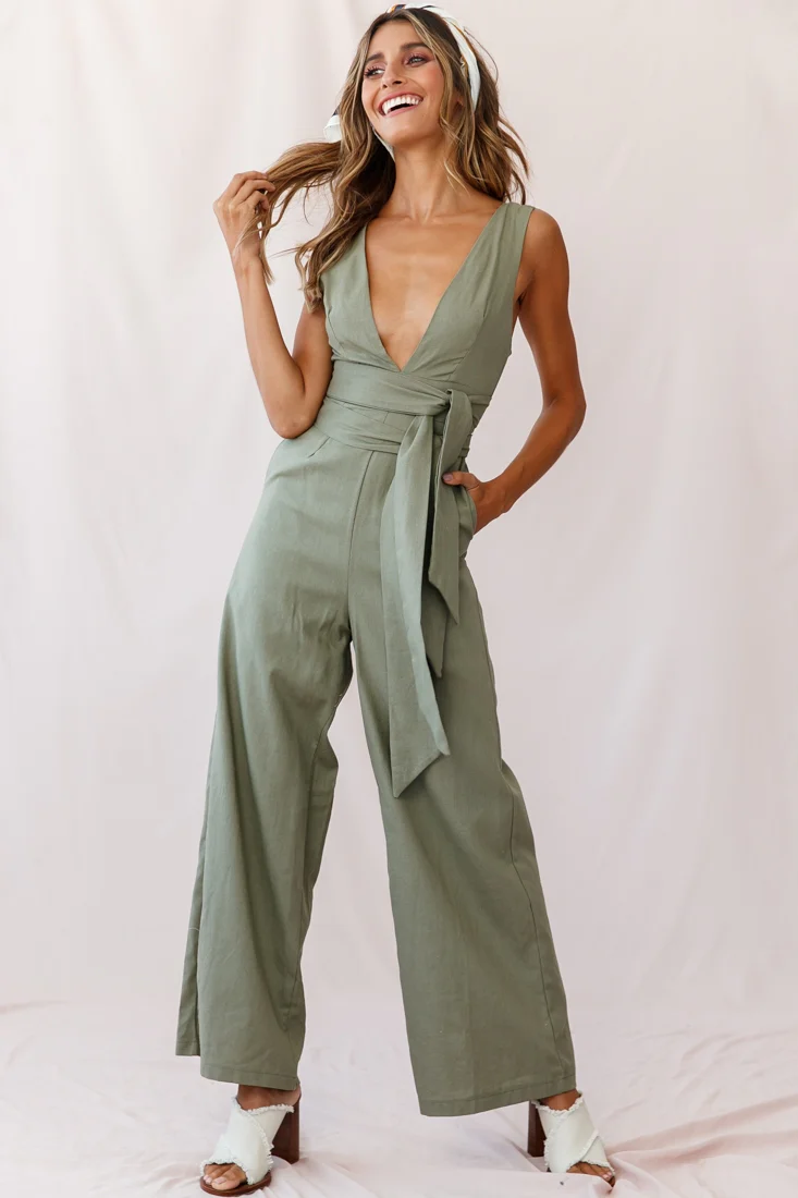 Dylan V-Neckline Wide Leg Jumpsuit Olive - Sonourner