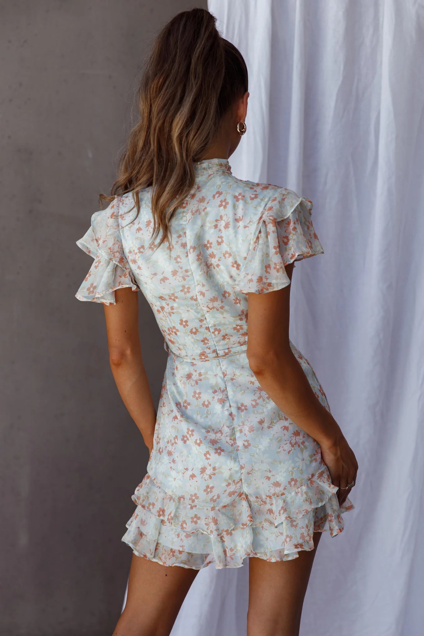 Lark High Neck Ruffle Sleeve Dress Flower Print Aqua - Sonourner