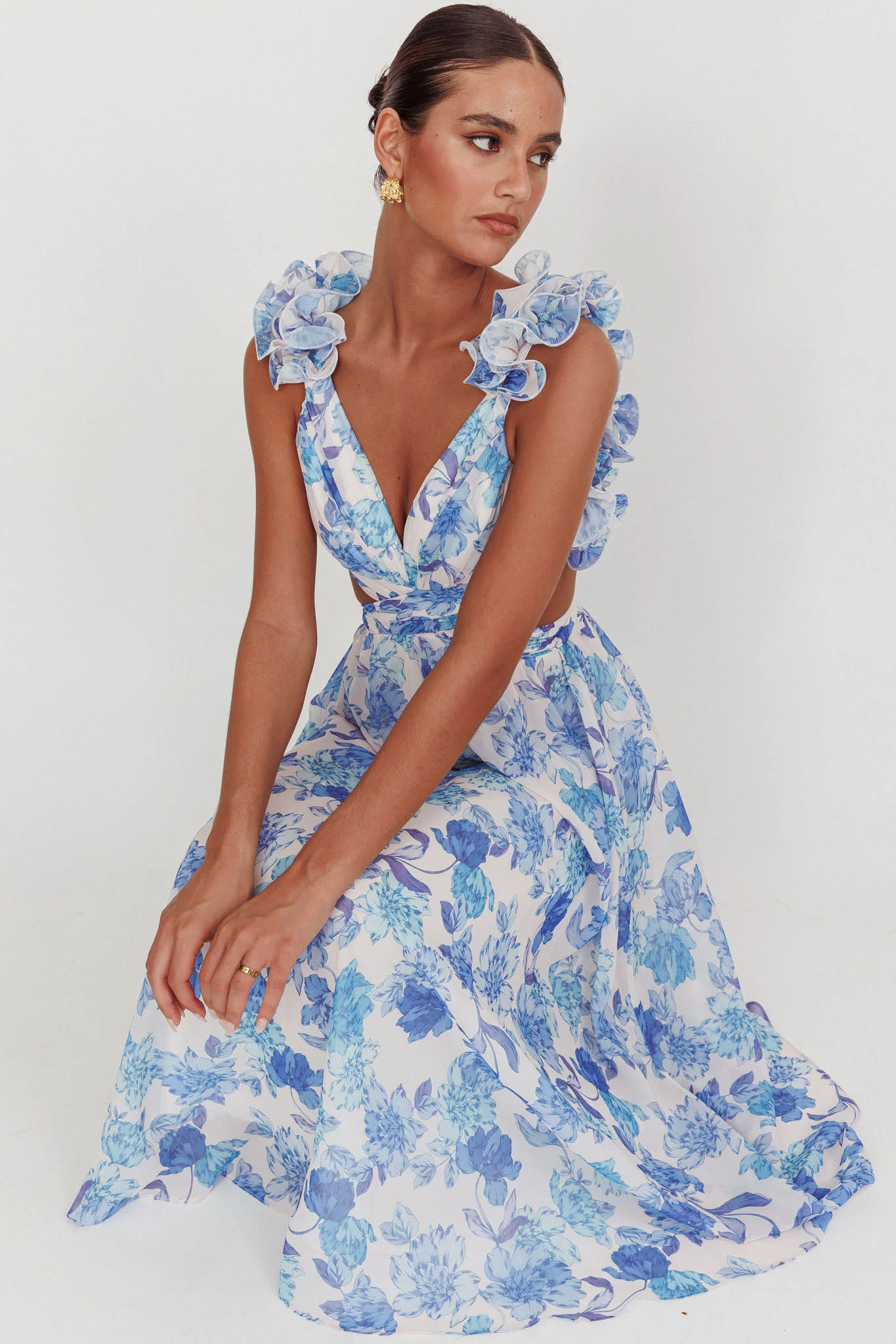 Madara Lace-Up Back Maxi Dress Floral Blue - Sonourner