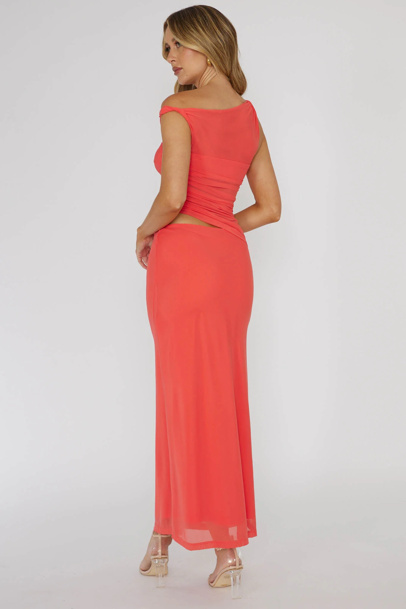 Lorely Ruched Bodice Twist Strap Midi Dress Watermelon - Sonourner