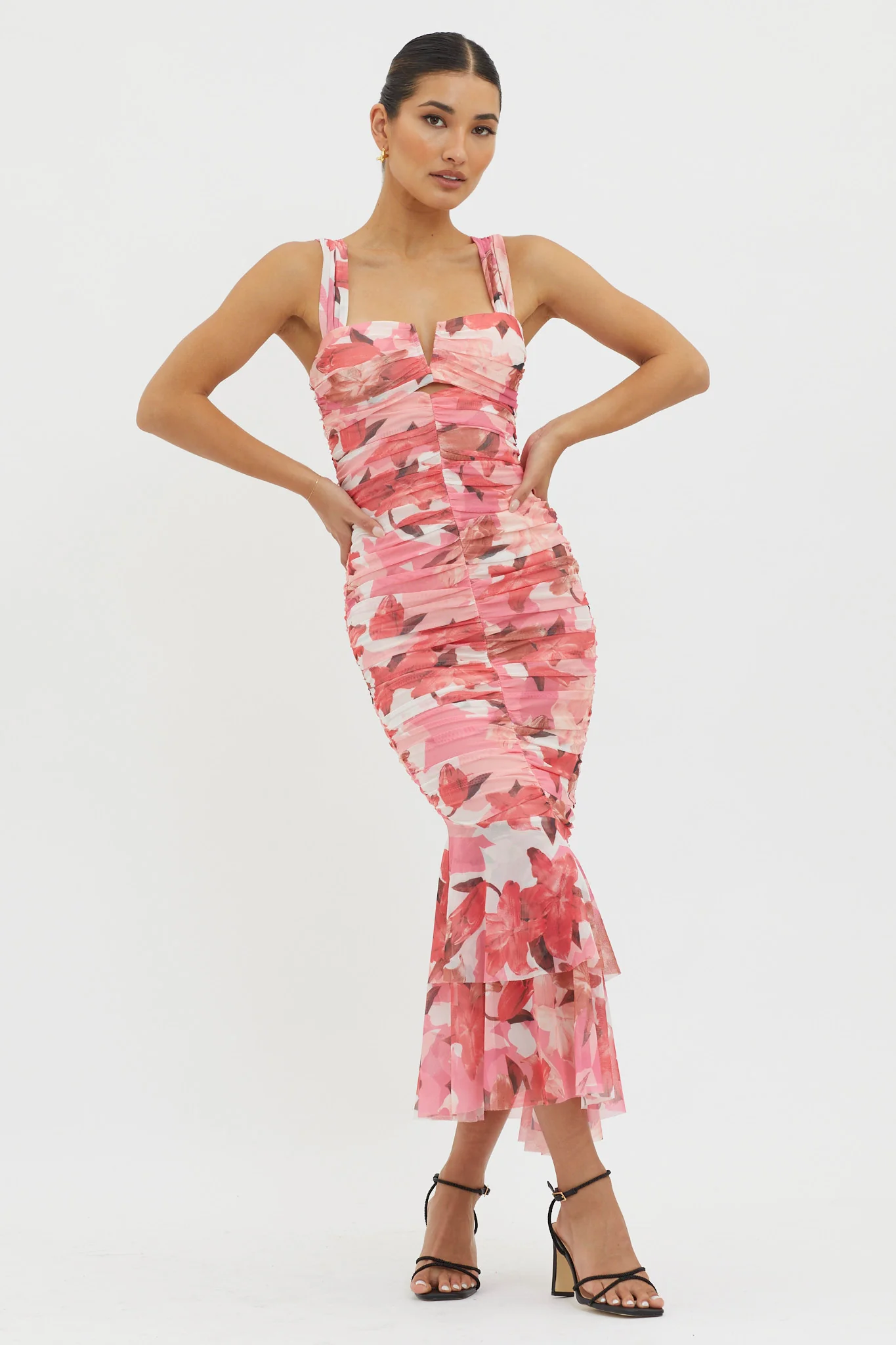 Nadia Ruched Fishtail Midi Dress Floral Pink - Sonourner
