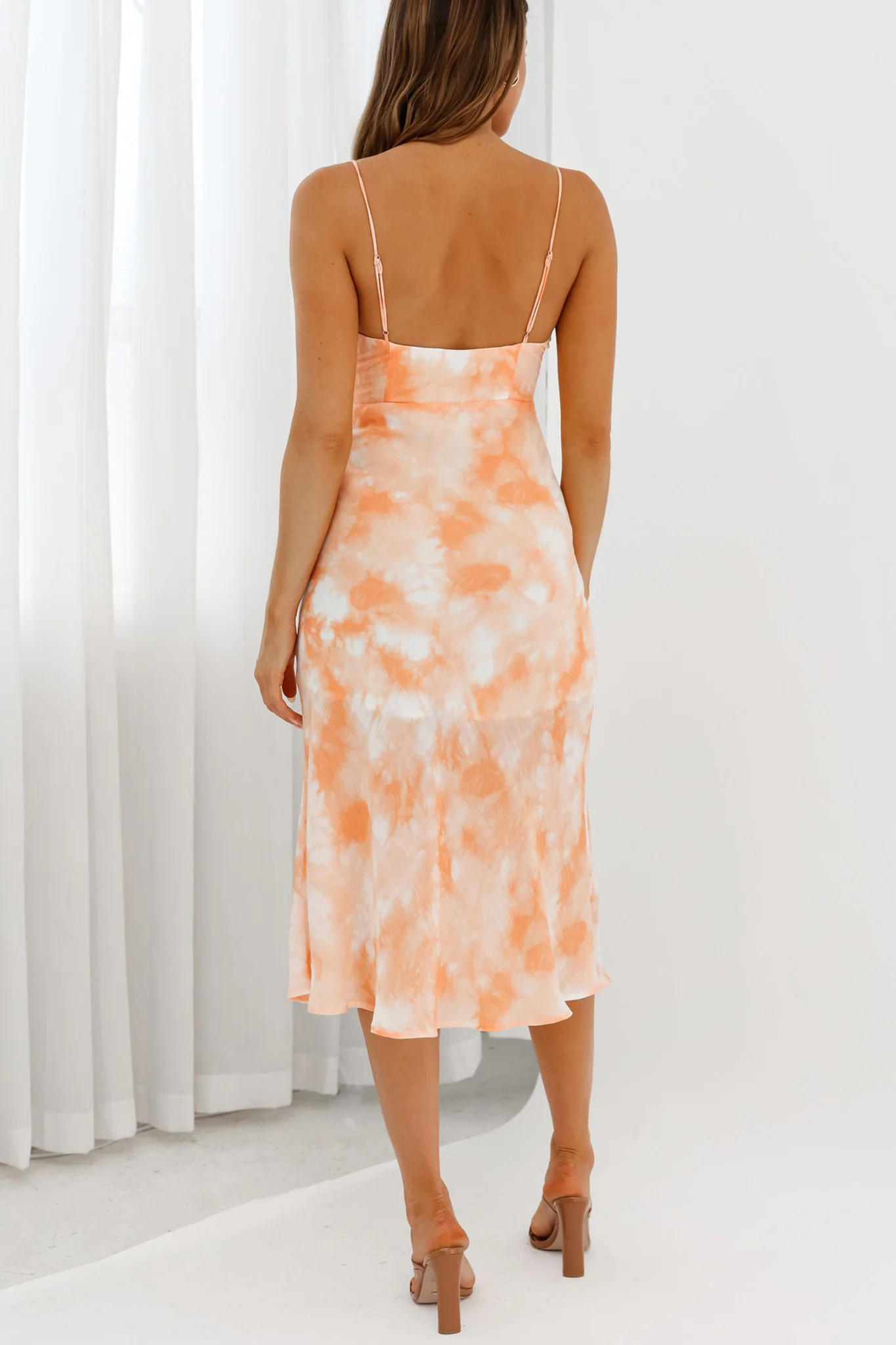 Malibu Gathered Bust Cami Strap Midi Dress Tie-Dye Orange - Sonourner