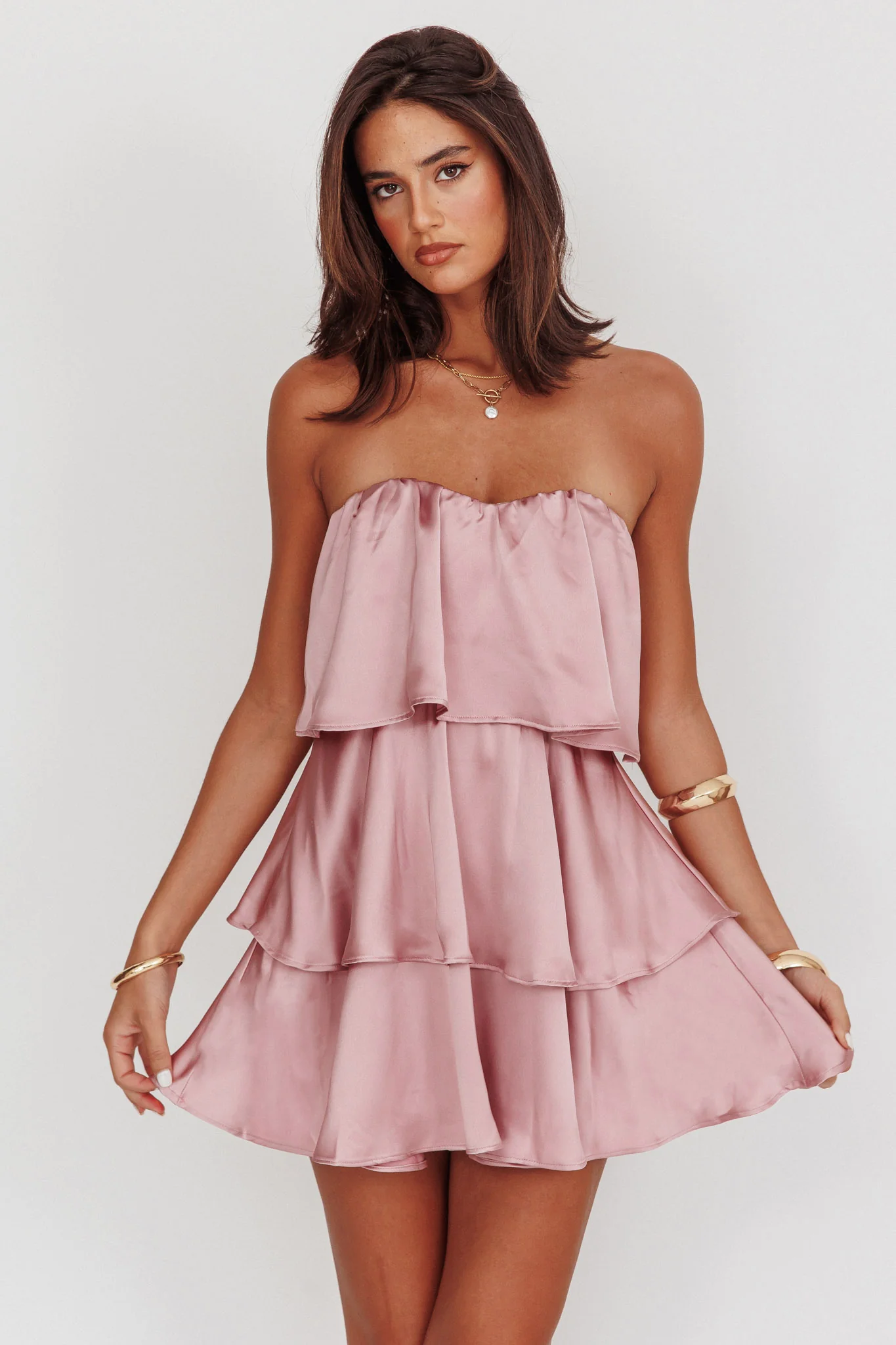 Behati Tiered Layer Strapless Dress Dusty Rose - Sonourner