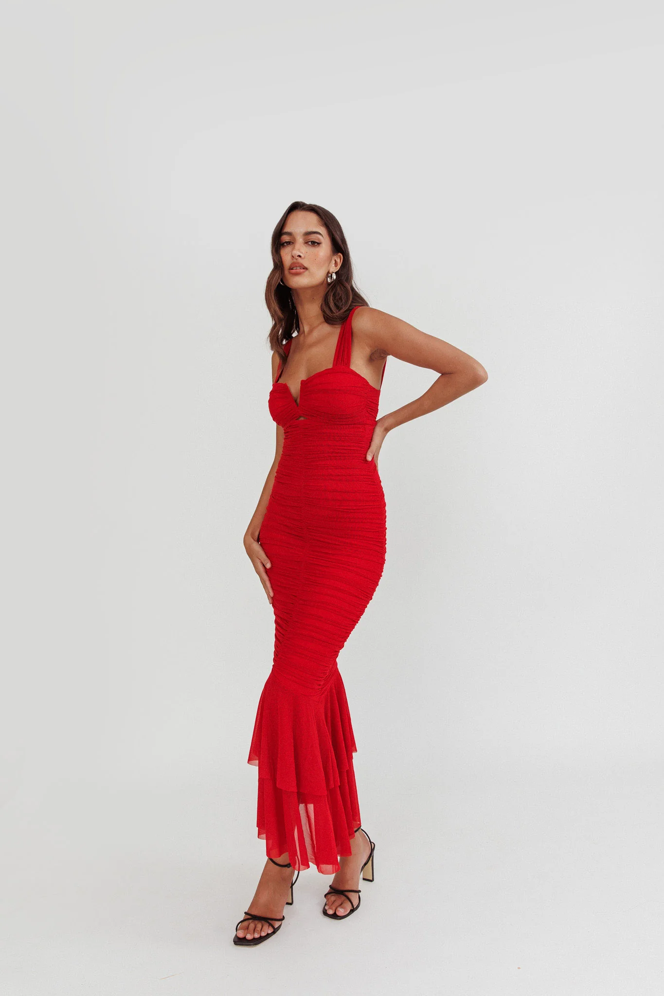 Nadia Ruched Fishtail Maxi Dress Red - Sonourner