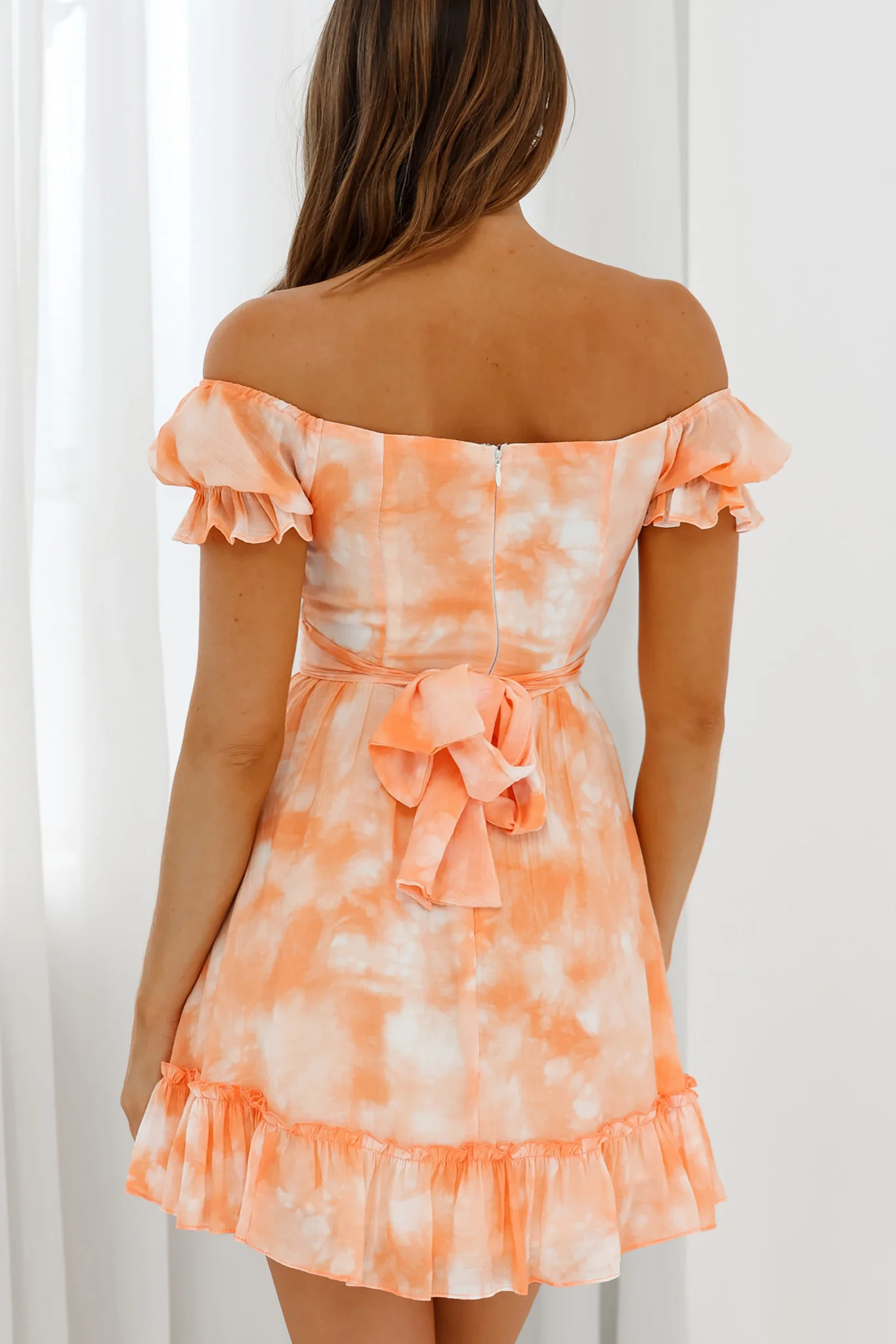 Linka Off-Shoulder Tie Back Dress Marbled Tie-Dye Orange - Sonourner