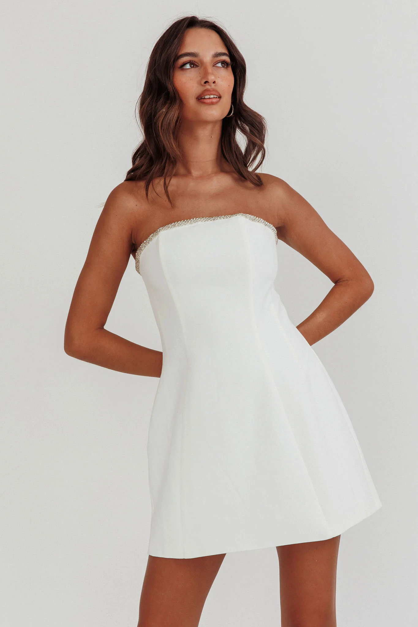 Macaila Rhinestone Trim Strapless Mini Dress Off White - Sonourner