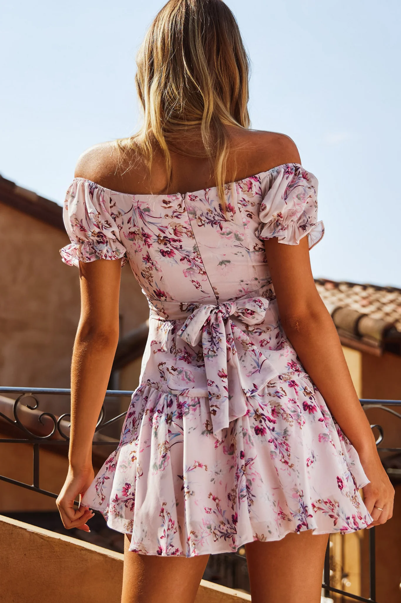 Linka Off-Shoulder Tie Back Fluted Hem Dress Ornate Floral Print Pink - Sonourner