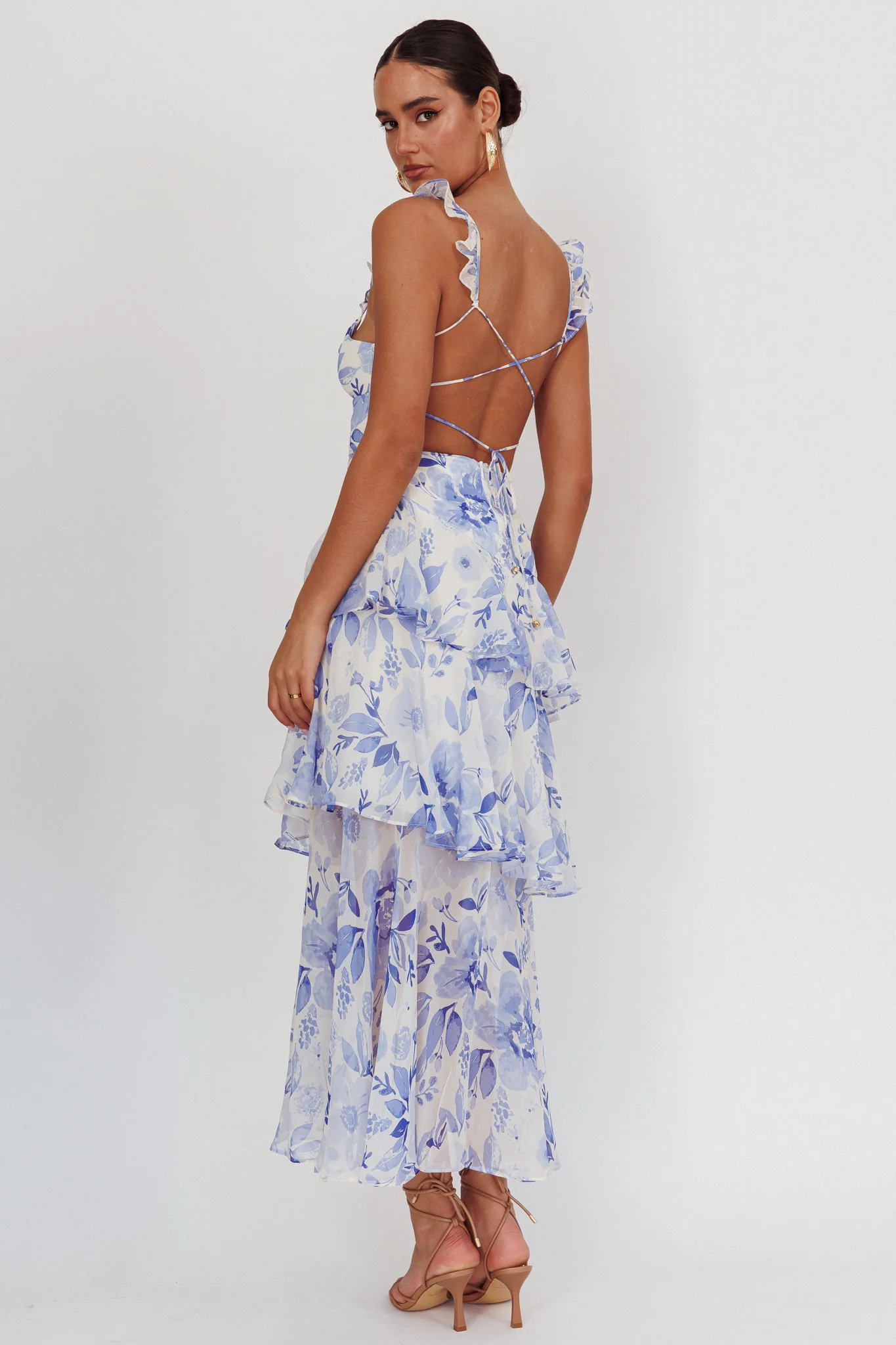 Veda Strappy Back Ruffle Maxi Dress Flowers Blue - Sonourner