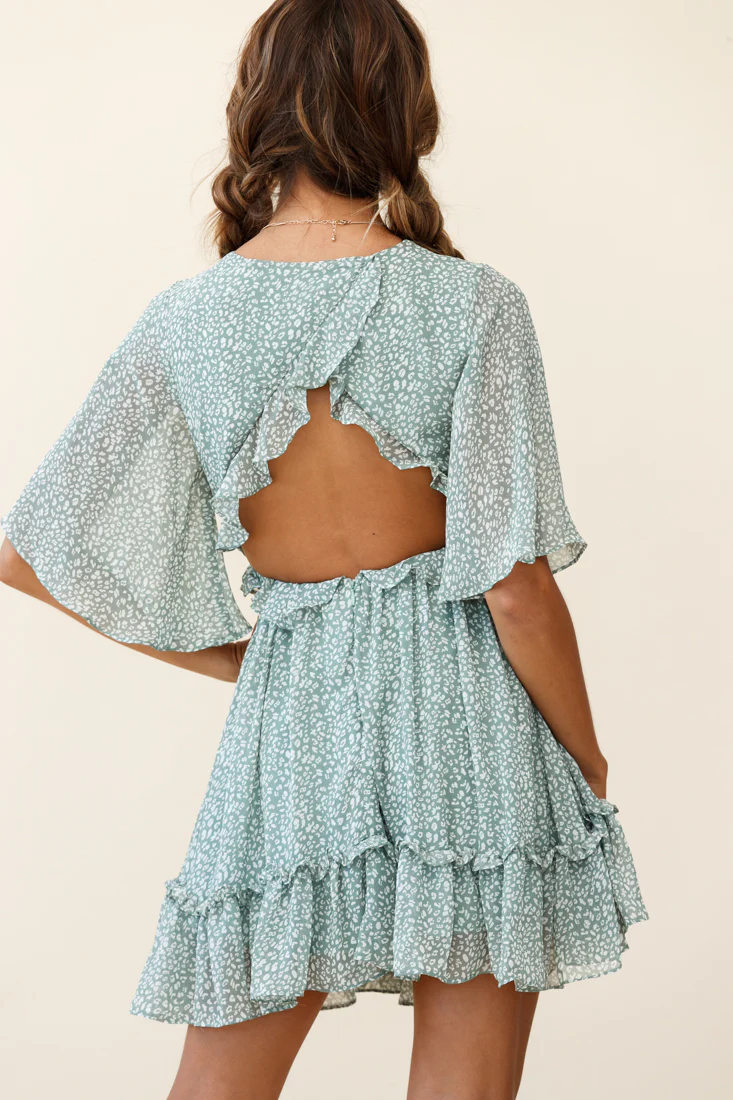 Flissy Angel Sleeve Cut-Out Babydoll Dress Speckle Print Olive - Sonourner