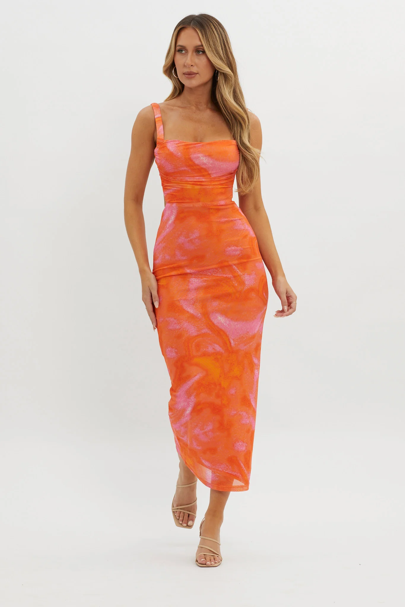 Dream Crush Lace-Up Back Side Split Maxi Dress Swirl Orange - Sonourner