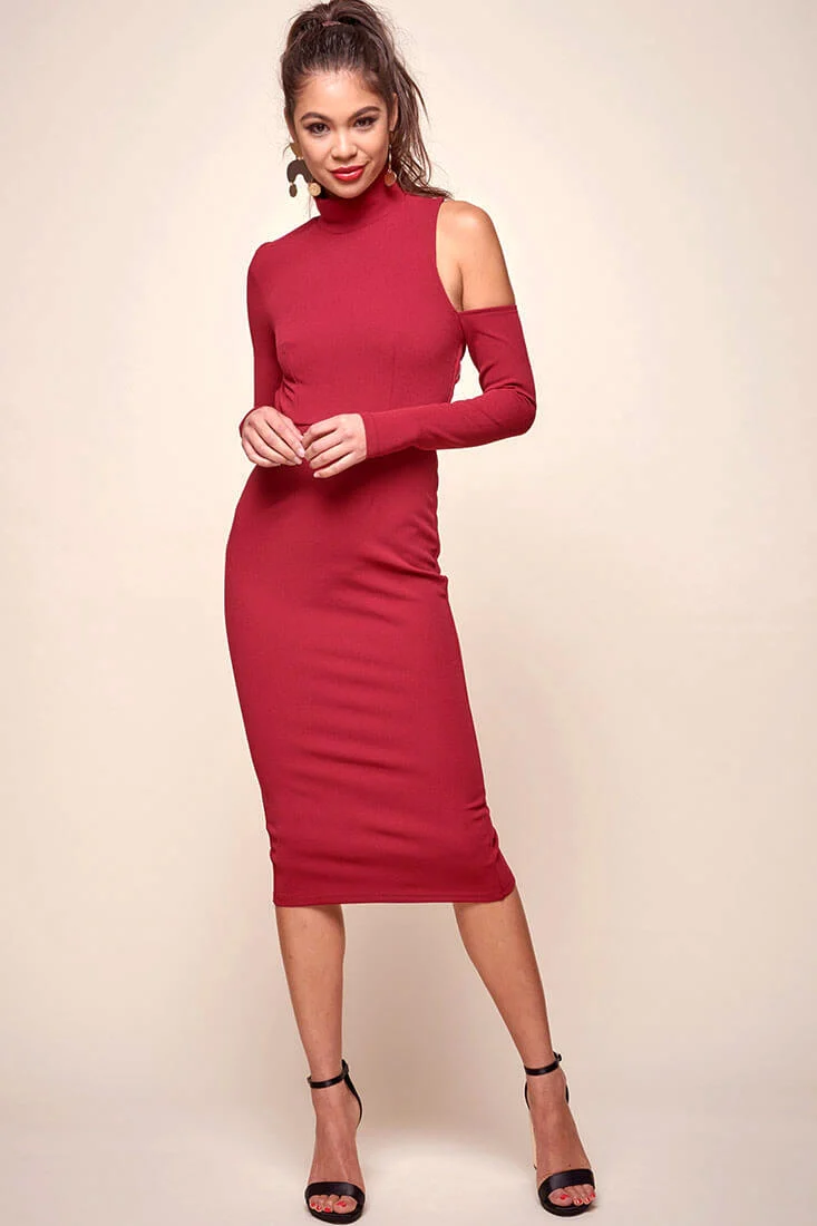 Sofie Asymmetrical cutout Turtle Neck Dress Red - Sonourner