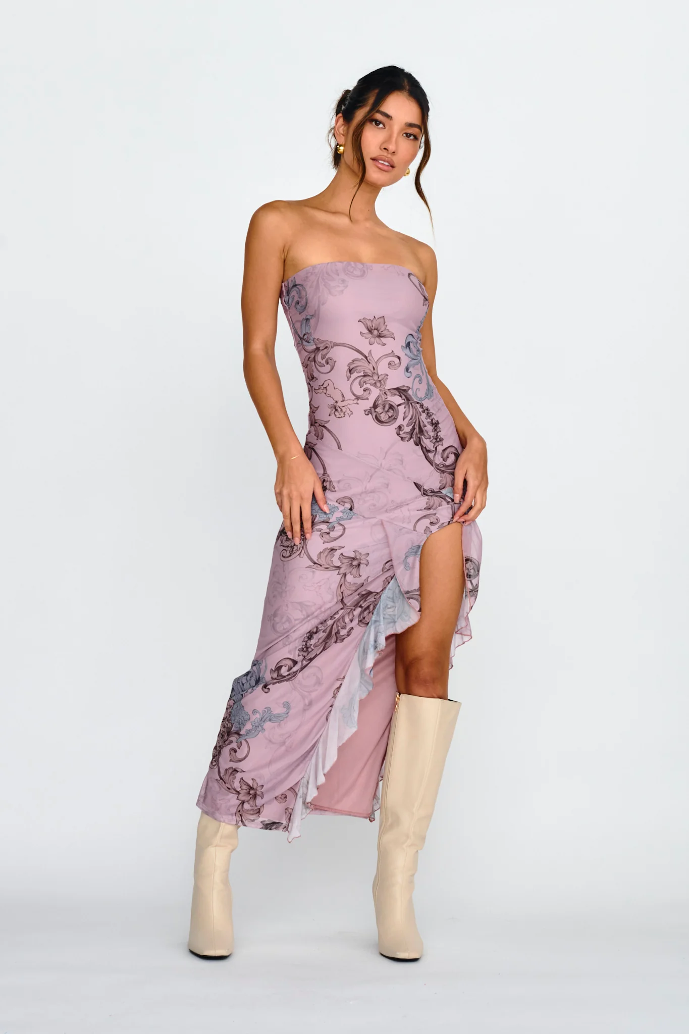 Shelby Strapless Ruffle Split Midi Dress Mauve - Sonourner