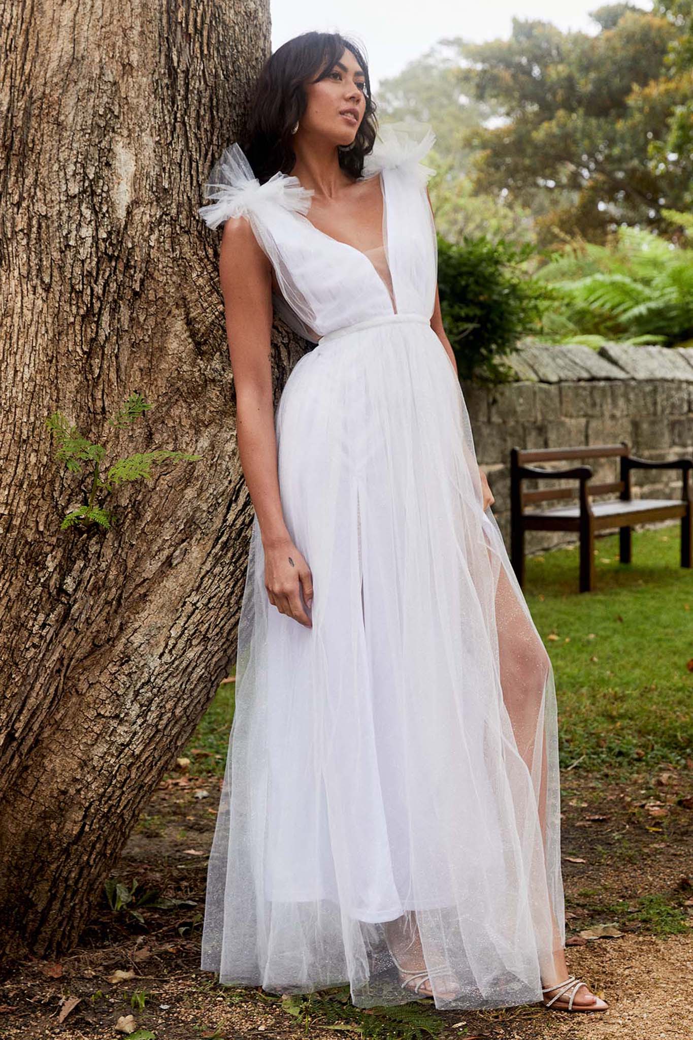 Ludivine Shoulder Accent Mesh Midi Dress Glitter White - Sonourner