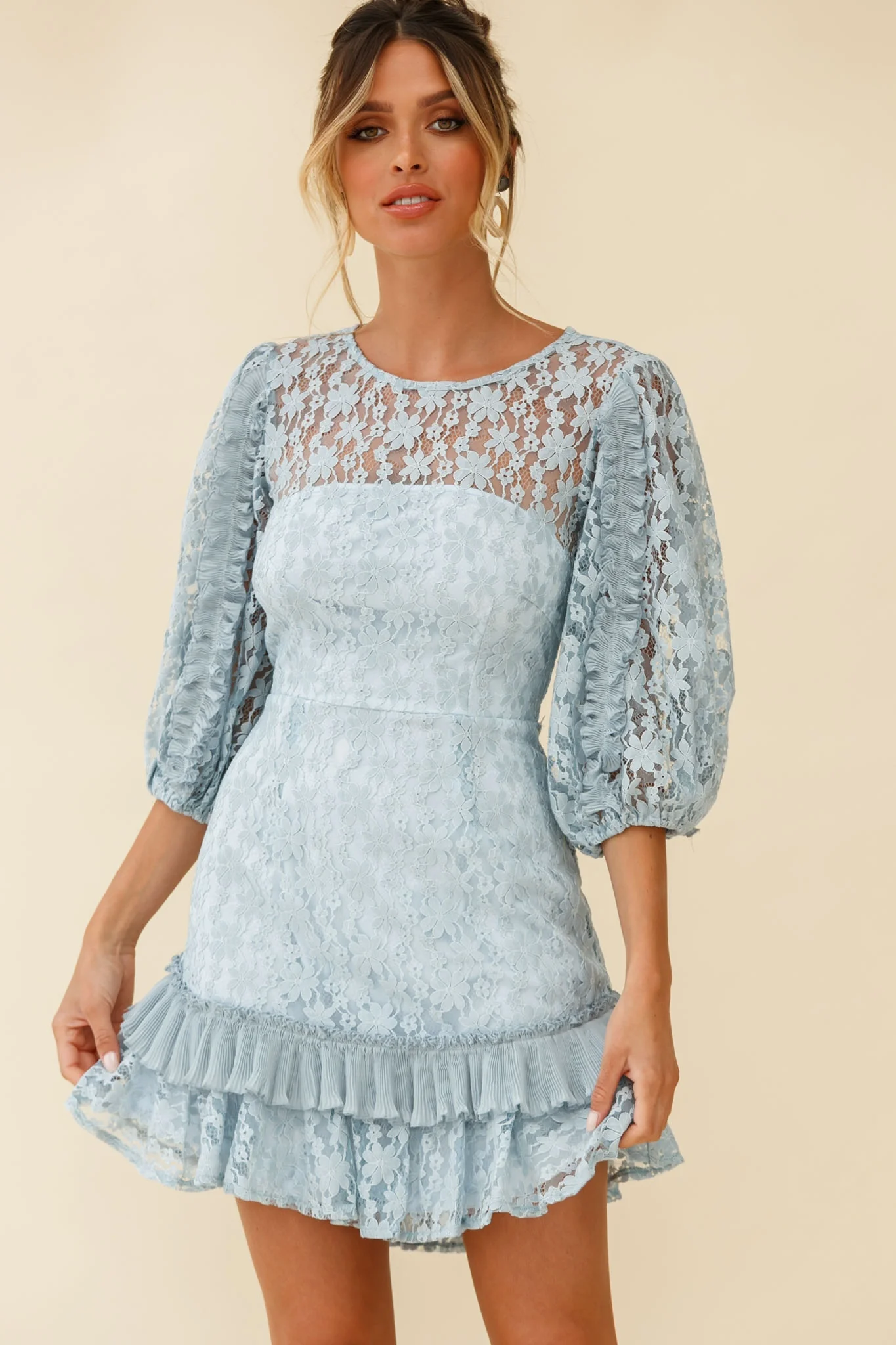 Home Again Three-Quarter Sleeve Lace Dress Blue - Sonourner