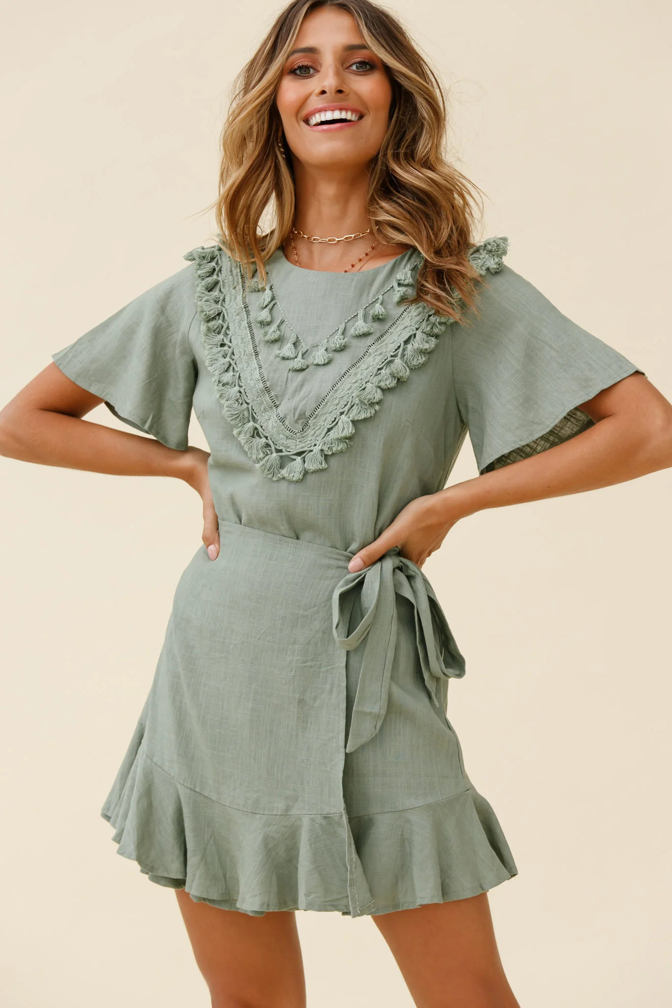 Angelique Tassel Bust Wrap Bottom Dress Olive - Sonourner