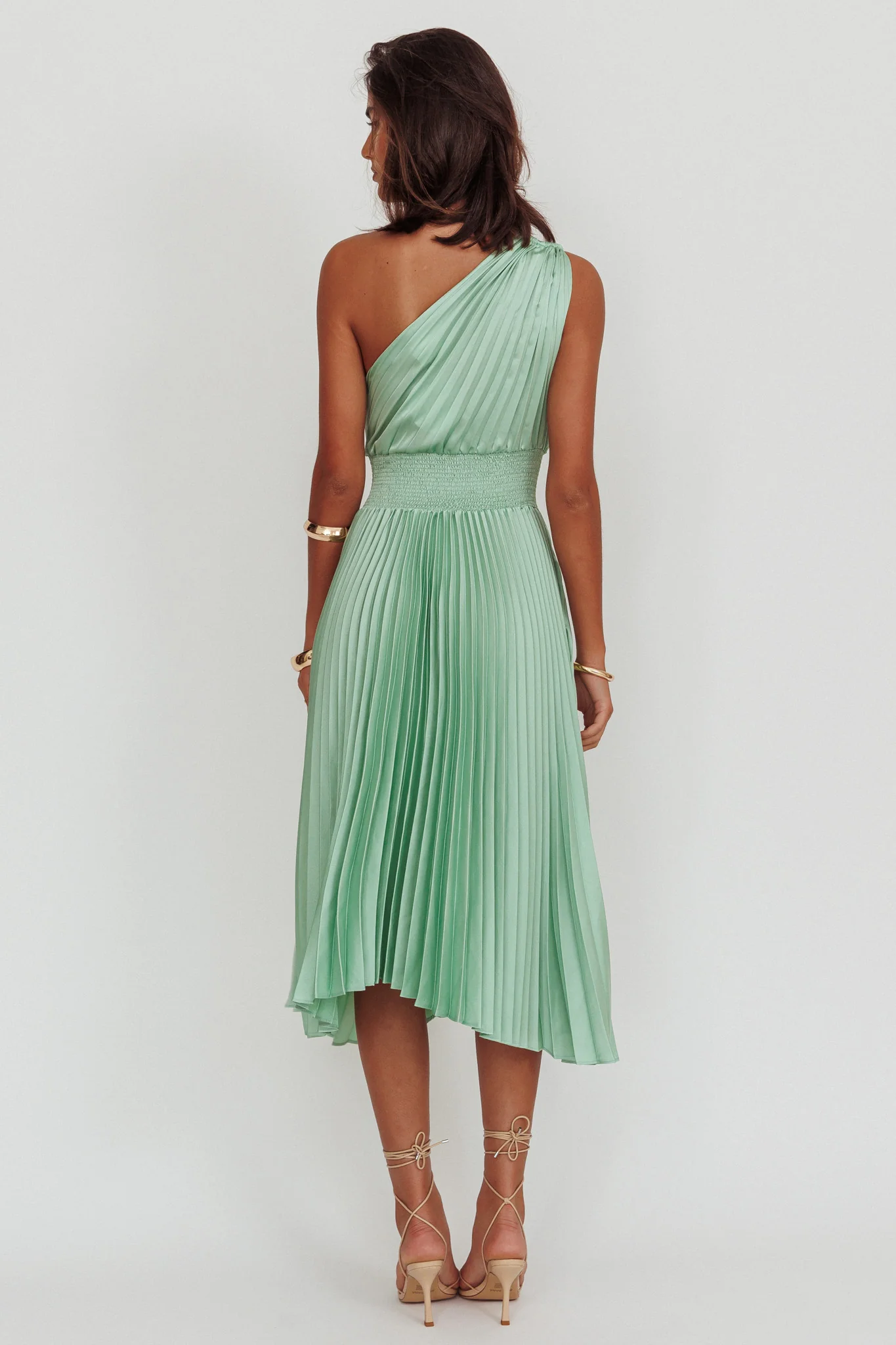 Calissa One Shoulder Pleated Midi Dress Sage - Sonourner