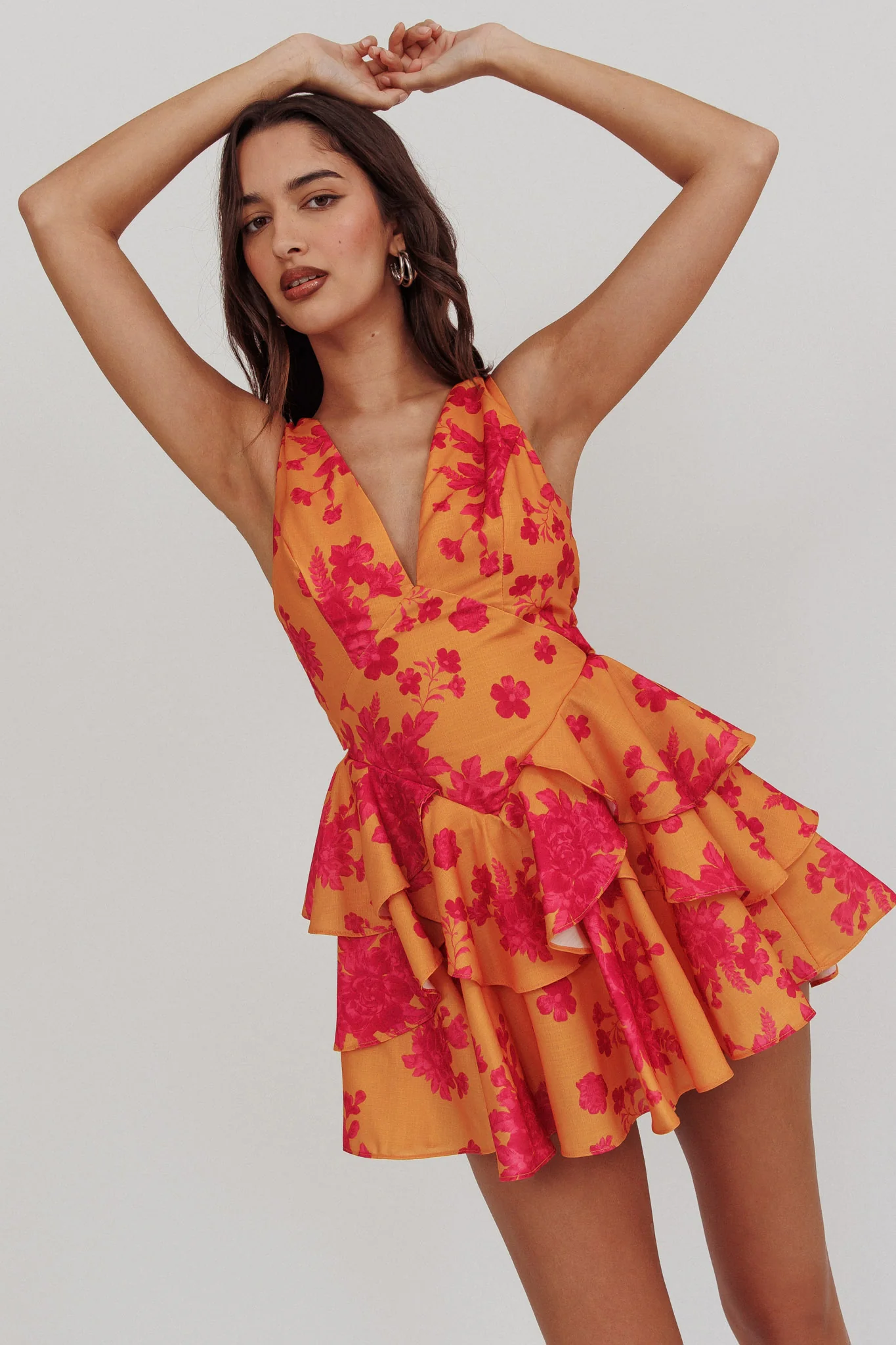 Like Me V-Neck Tied Back Floral Romper Orange - Sonourner