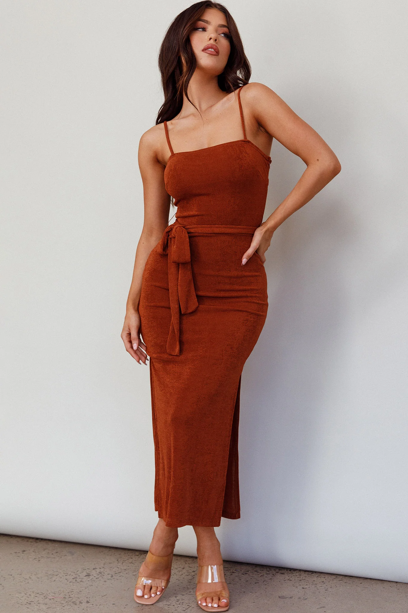 Serenade Me Square Neckline Side Split Midi Dress Cinnamon - Sonourner