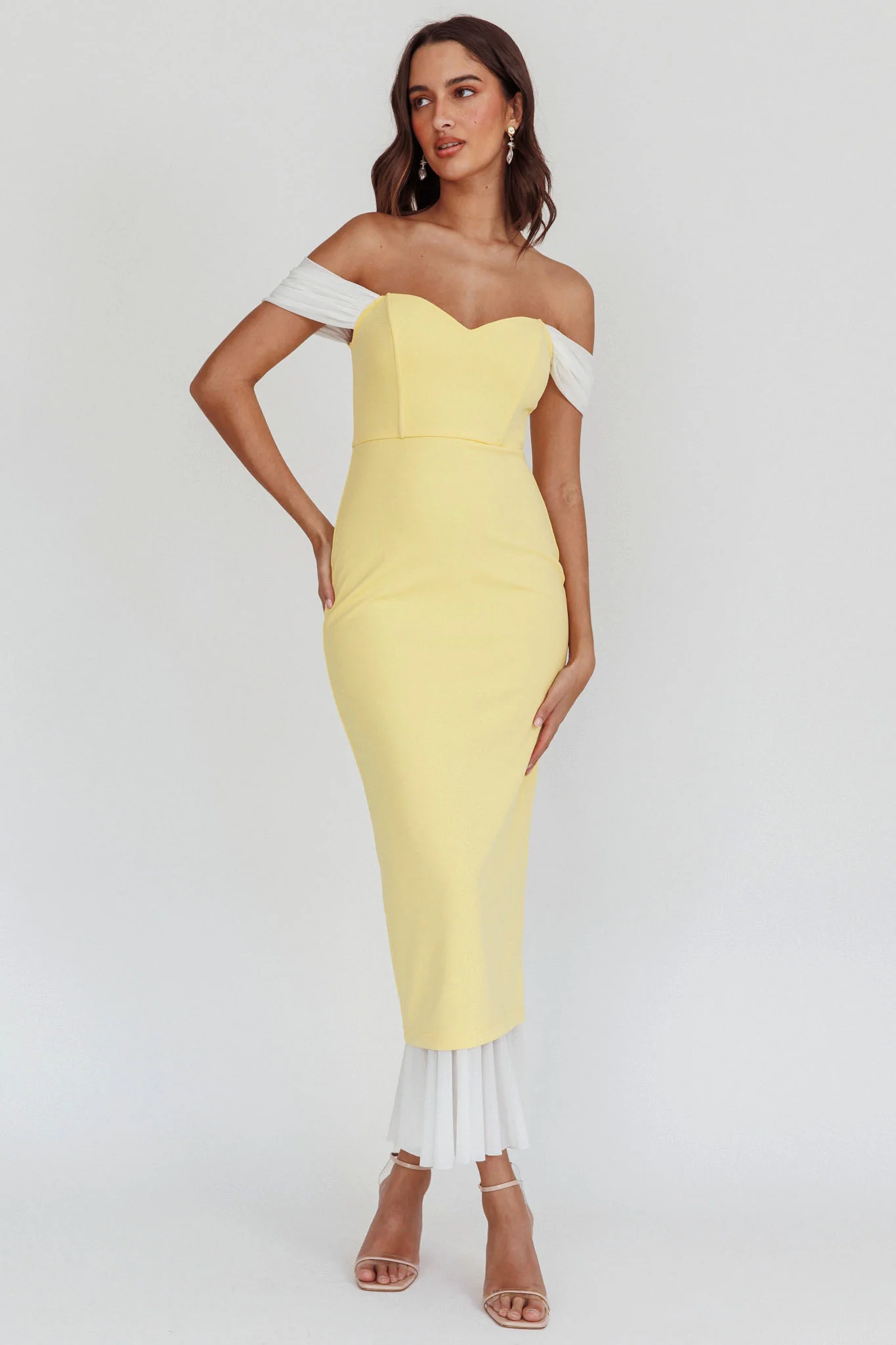 Freesia Off Shoulder Bodycon Midi Dress Lemon - Sonourner