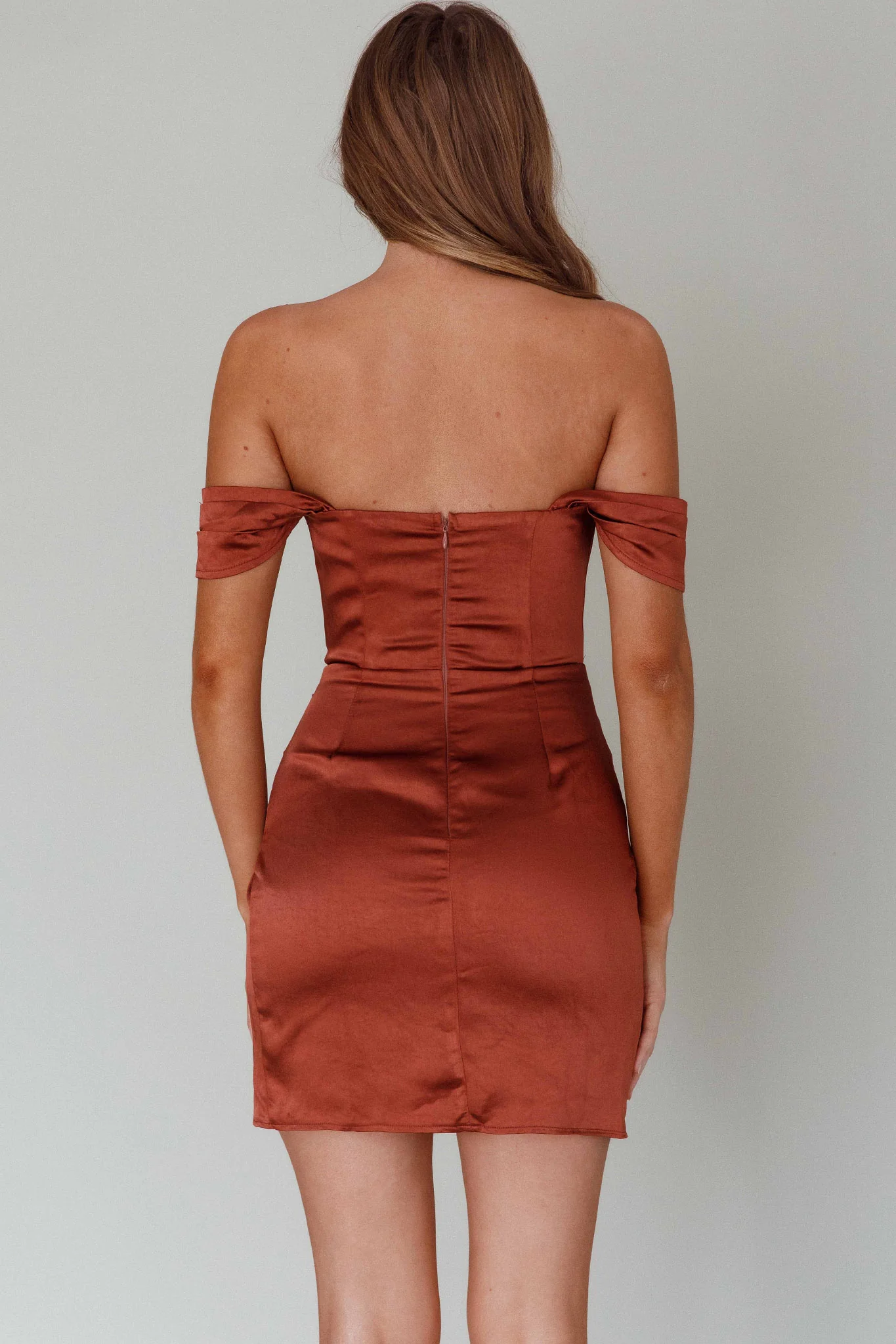 Night To Remember Off-Shoulder Satin Dress Chocolate - Sonourner