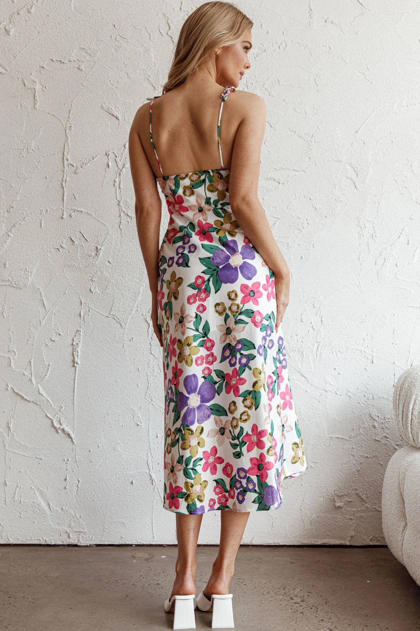 Clovelly Tied Shoulder Midi Dress Flower White - Sonourner