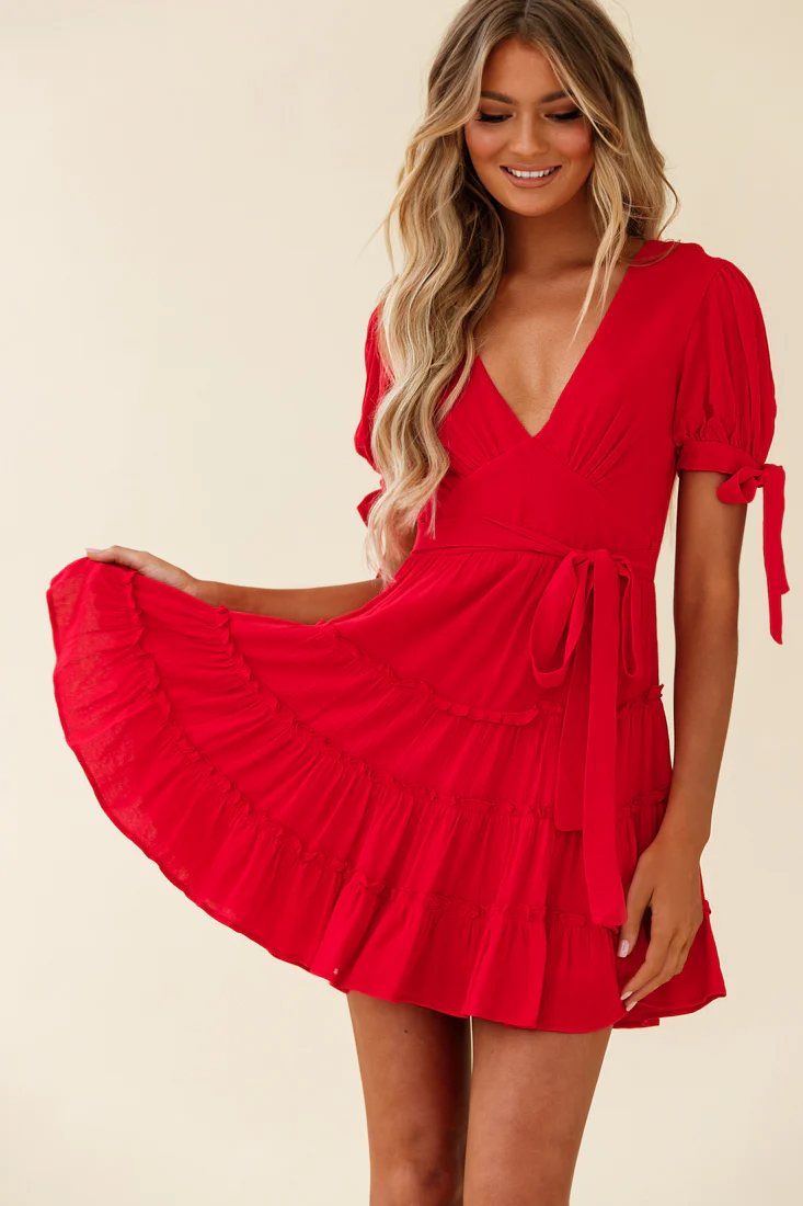 Jocelyn Short Sleeve Tied Cuff Layered Ruffle Dress Red - Sonourner