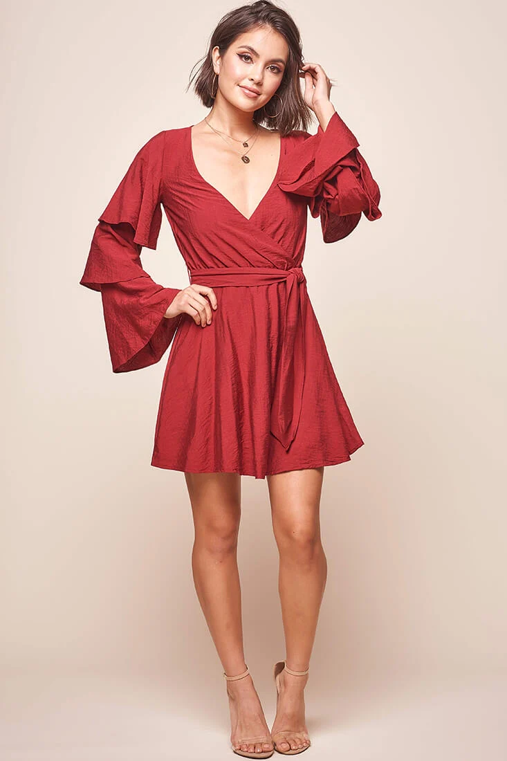 Bellini Tiered Ruffle Sleeve Dress Wine - Sonourner