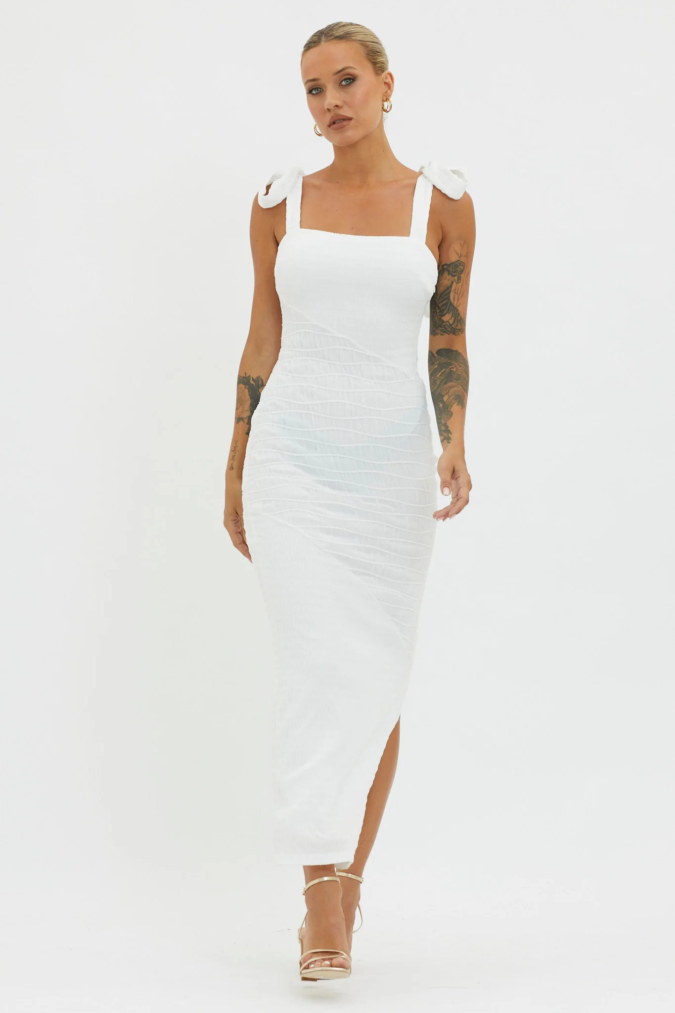 Bindi Puckered Tied Strap Dress White - Sonourner