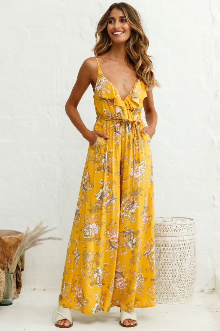 Melita Ruffle V-Neckline Jumpsuit Mustard Print - Sonourner