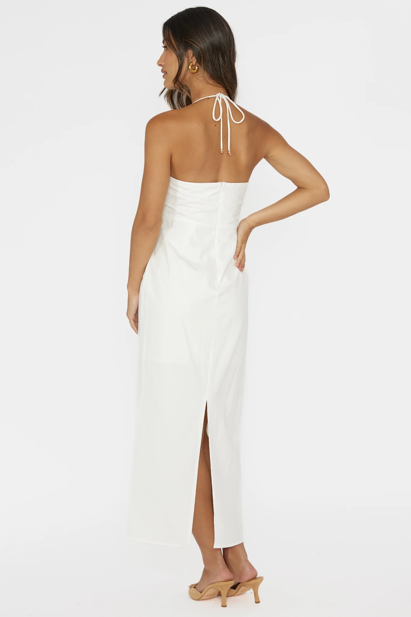 Arielle Gathered Bust Halterneck Midi Dress White - Sonourner