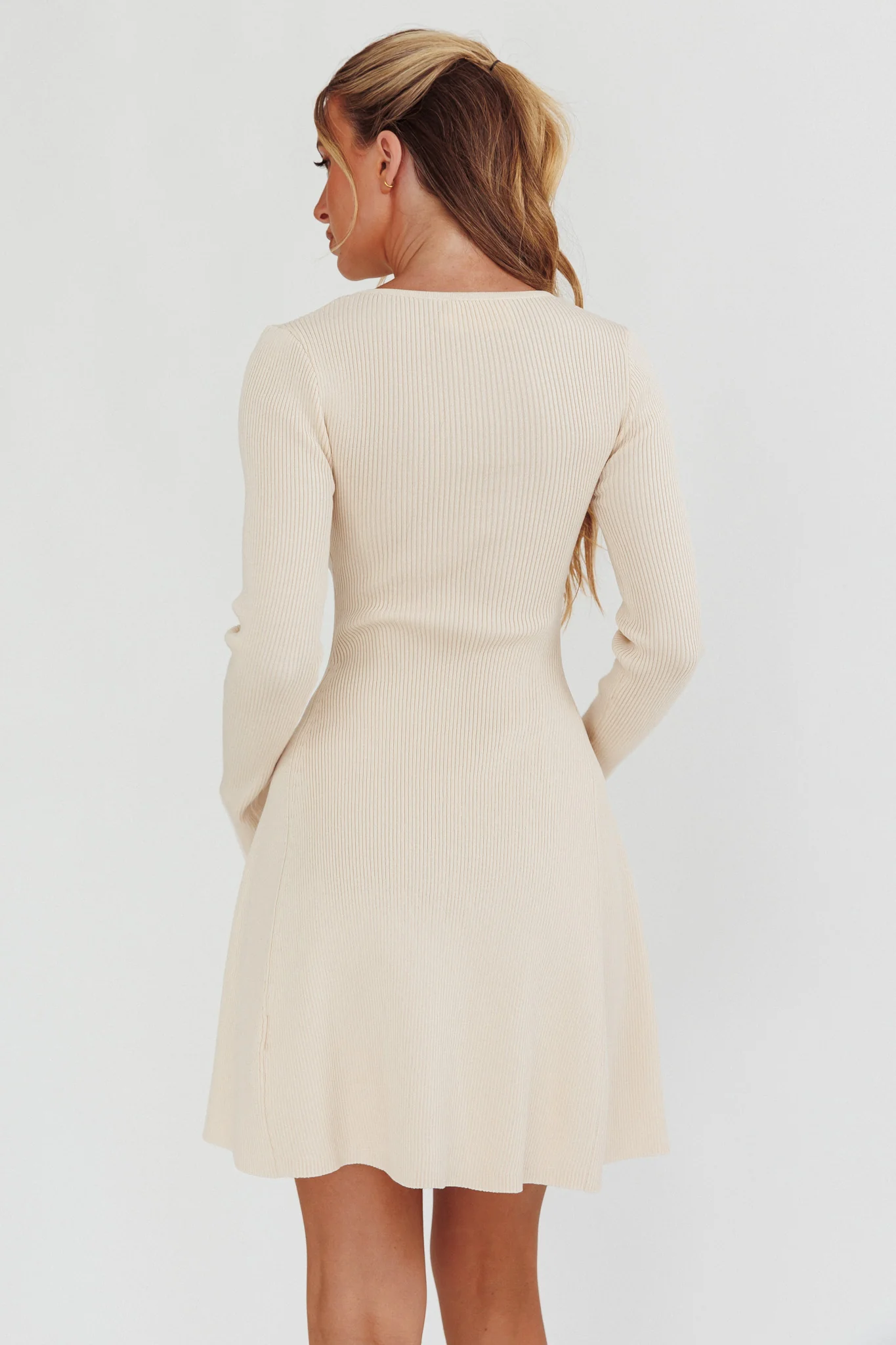 Intuitions Long Sleeve Ribbed Knit Dress Cream - Sonourner