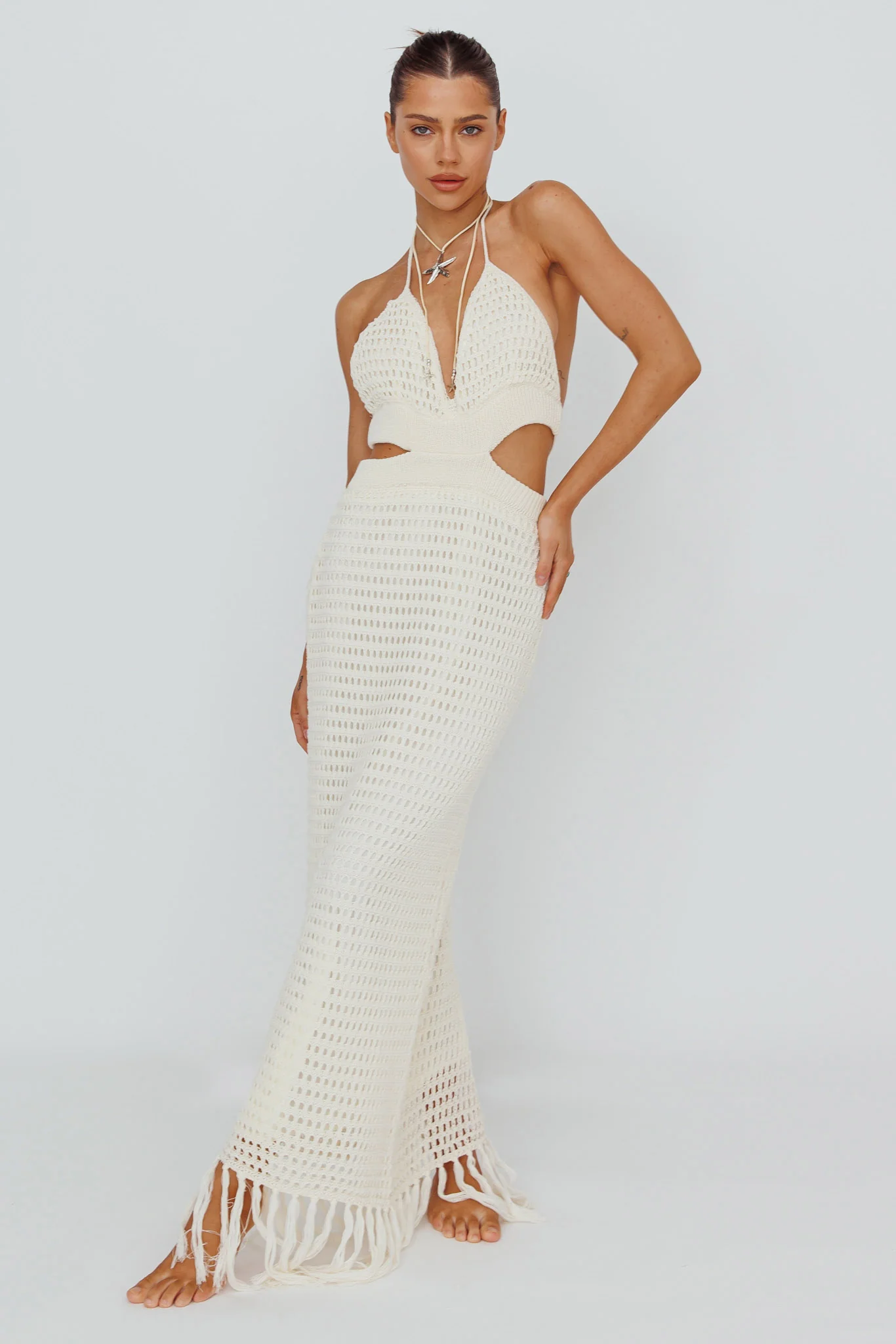Lelei Crochet Open Back Maxi Dress Beige - Sonourner