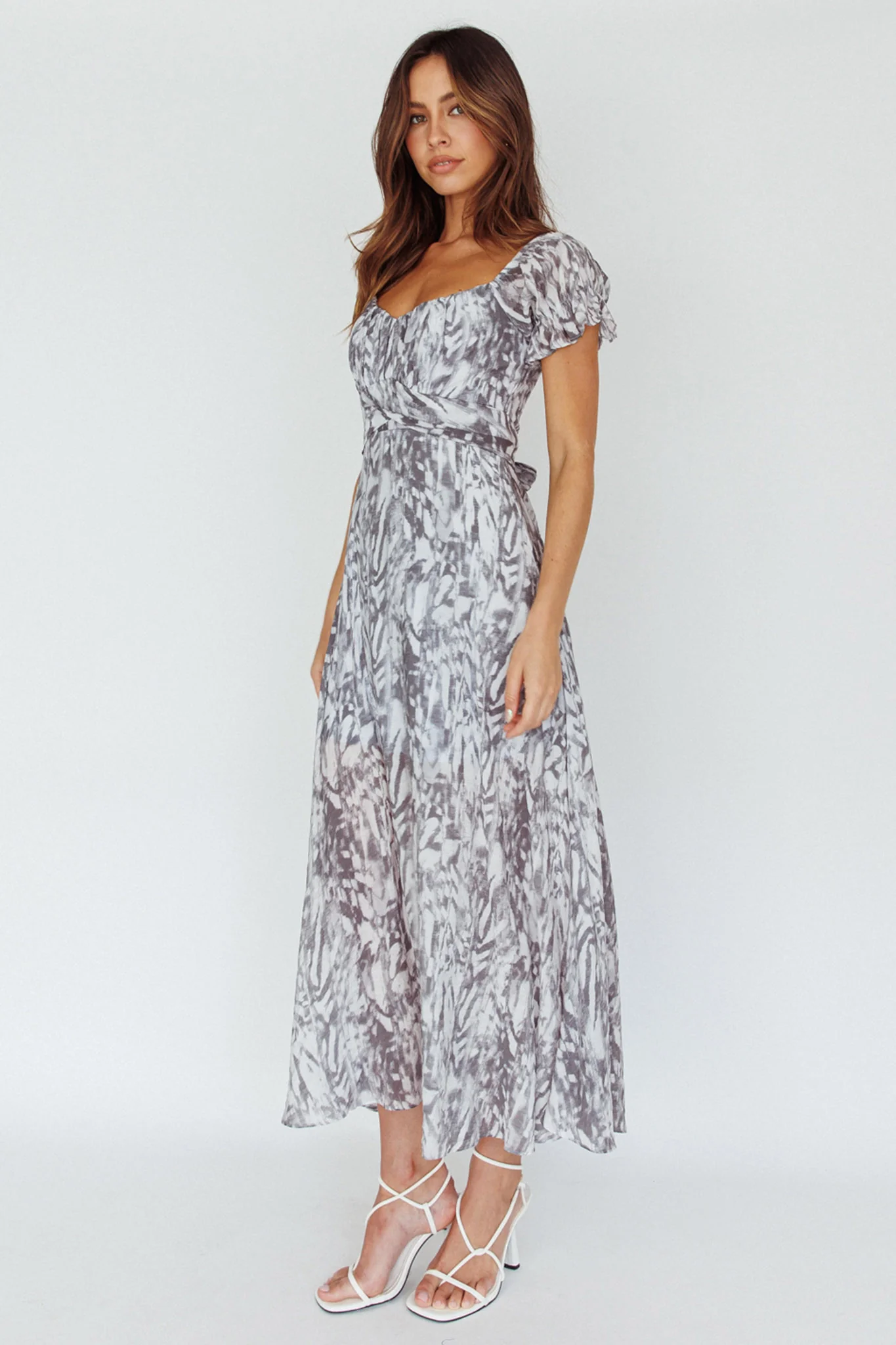 Linka Off-Shoulder Tie Back Midi Dress Printed Grey - Sonourner