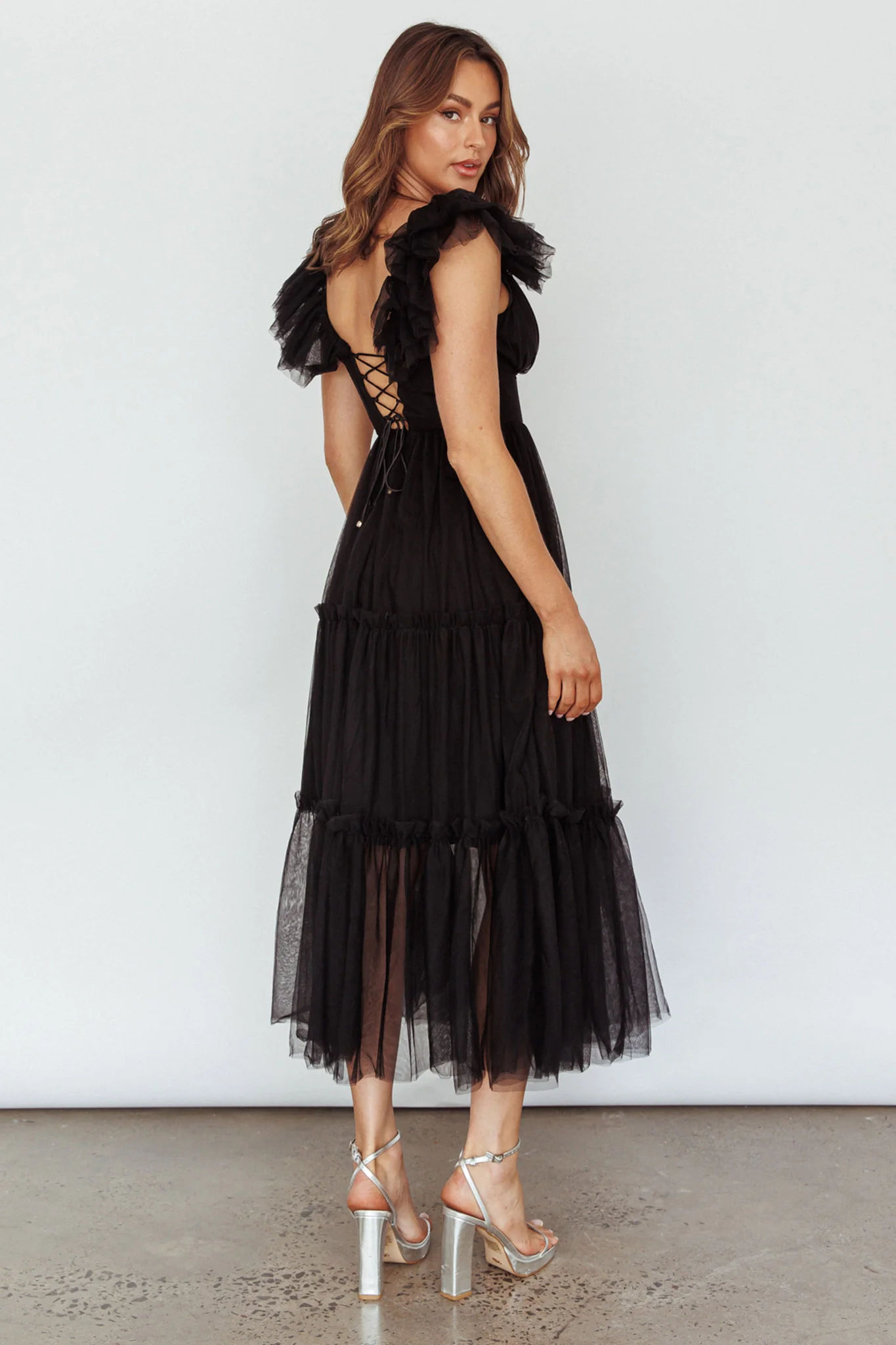 Amal Ruffle Shoulder Tulle Midi Dress Black - Sonourner