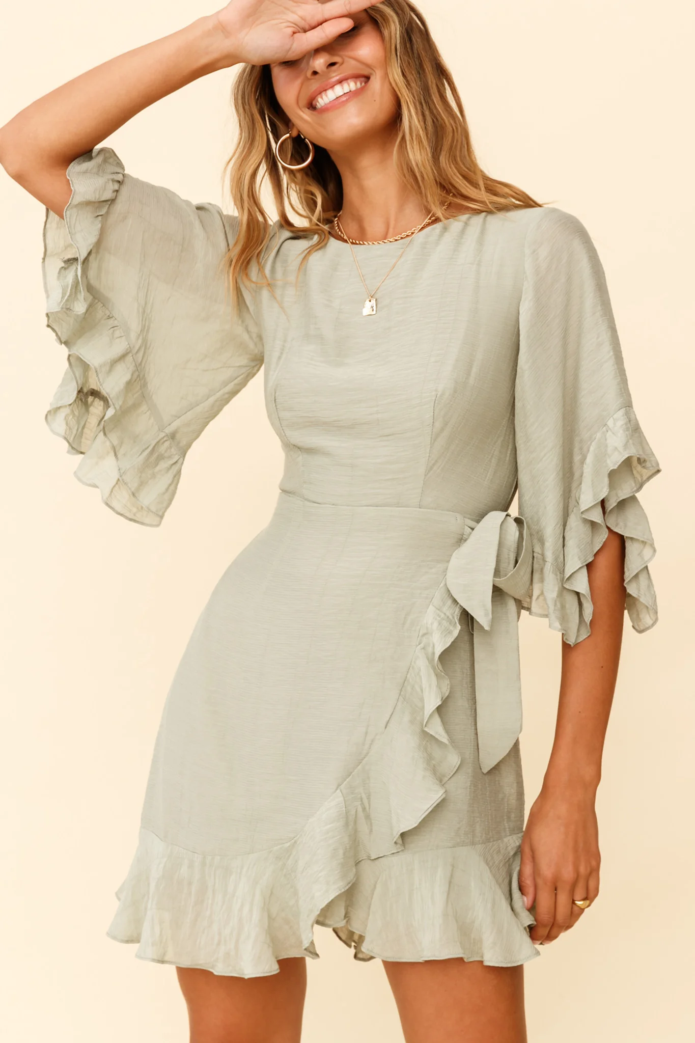 Make It Happen Flared Sleeve Ruffle Trim Dress Pistachio - Sonourner