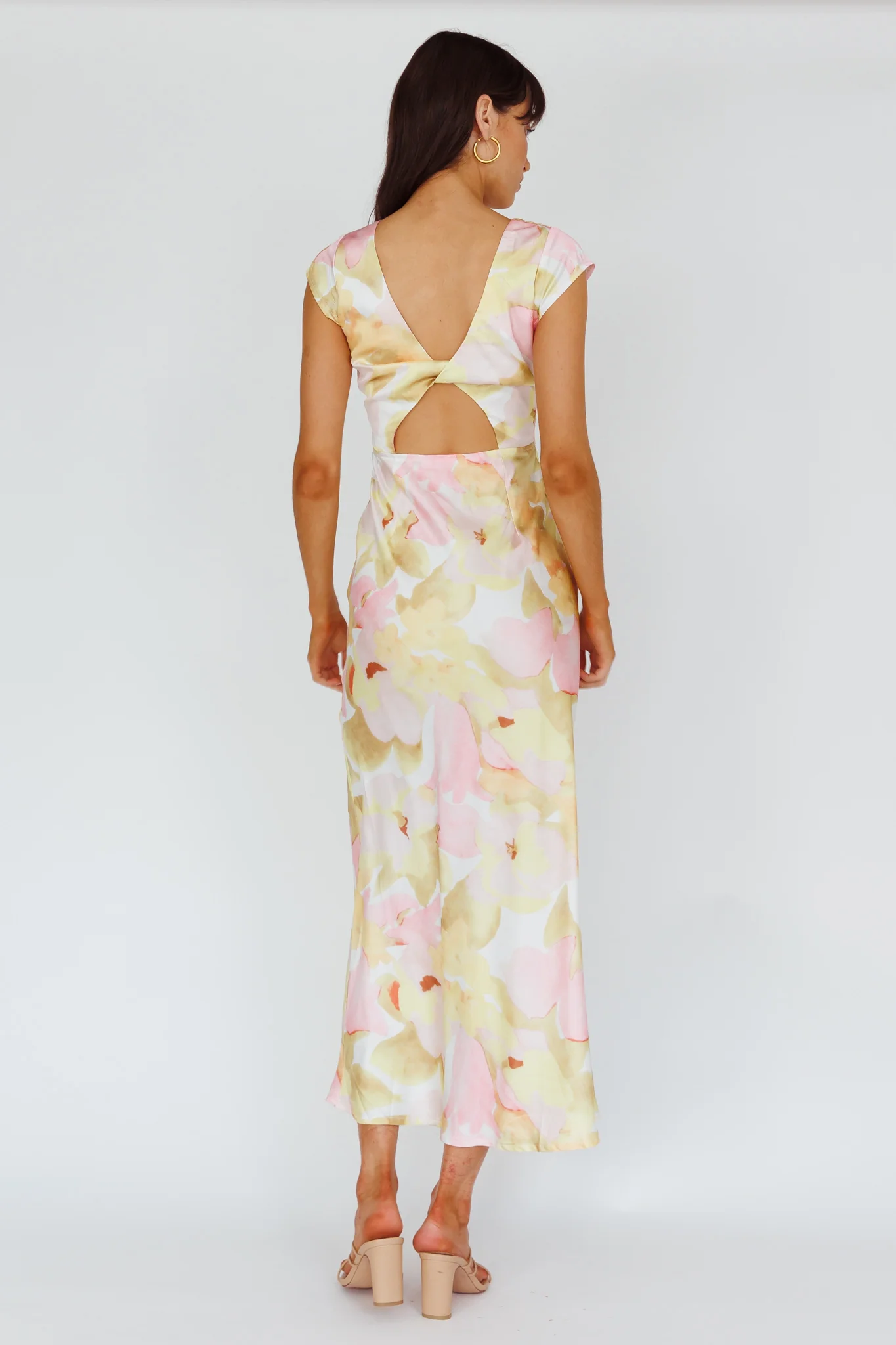 Lucinda Cap Sleeve Twist Back Midi Dress Flower Pink - Sonourner