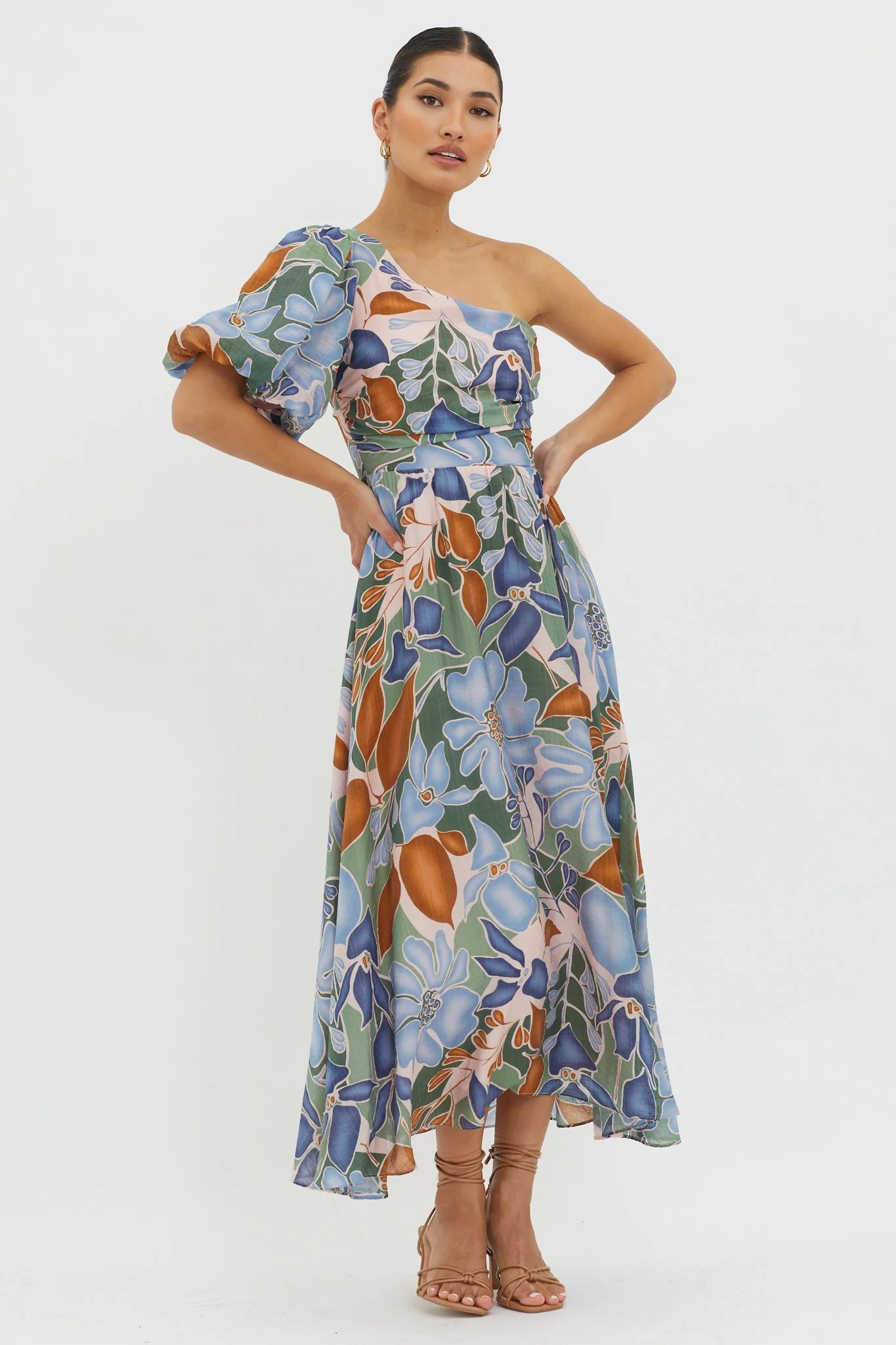 Jayni Puffed One Shoulder Midi Dress Blue - Sonourner