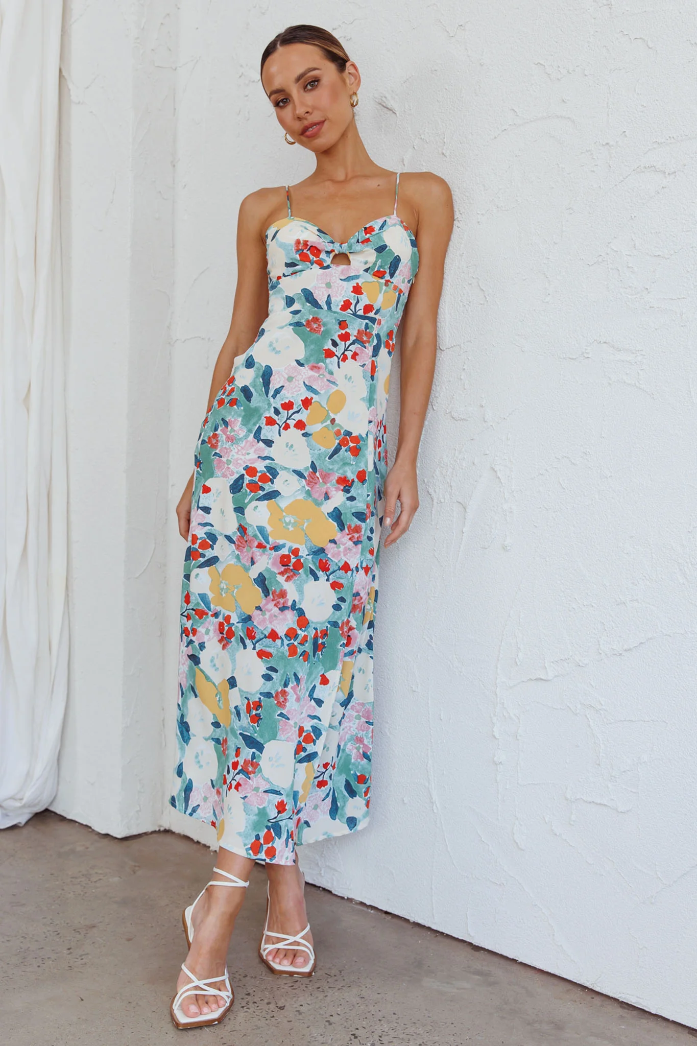 Missoula Cami Strap Padded Bust Midi Dress Flower Print Green - Sonourner