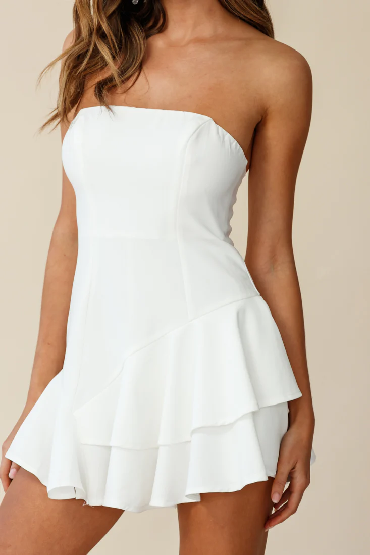 Candy Strapless Layered Ruffle Hem Romper White - Sonourner