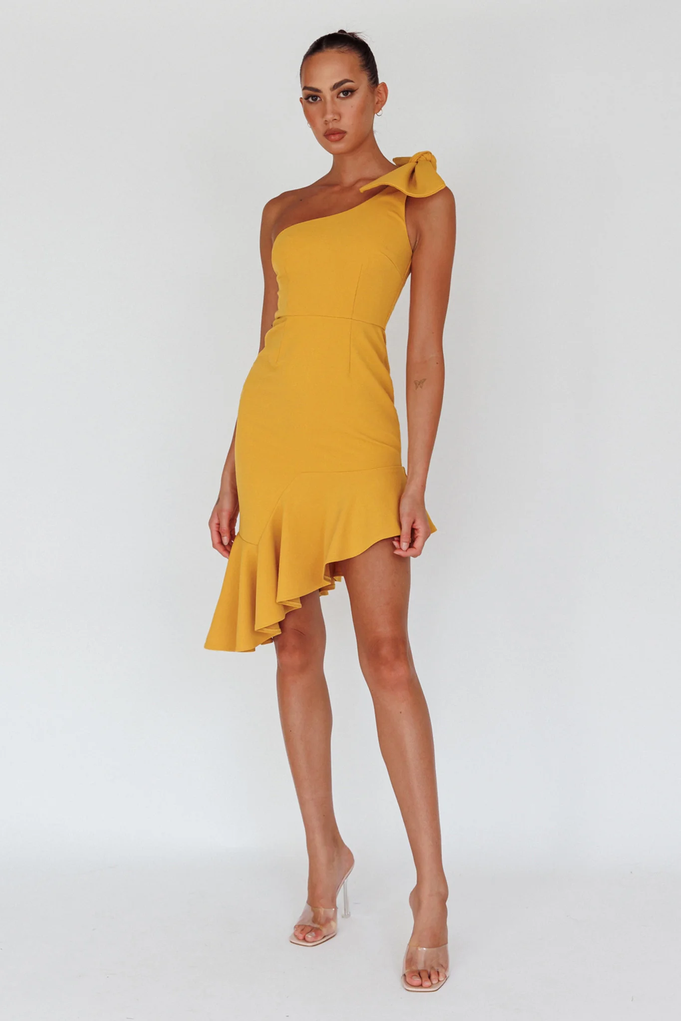 Tiffany One-Shoulder Bow Dress Mustard - Sonourner